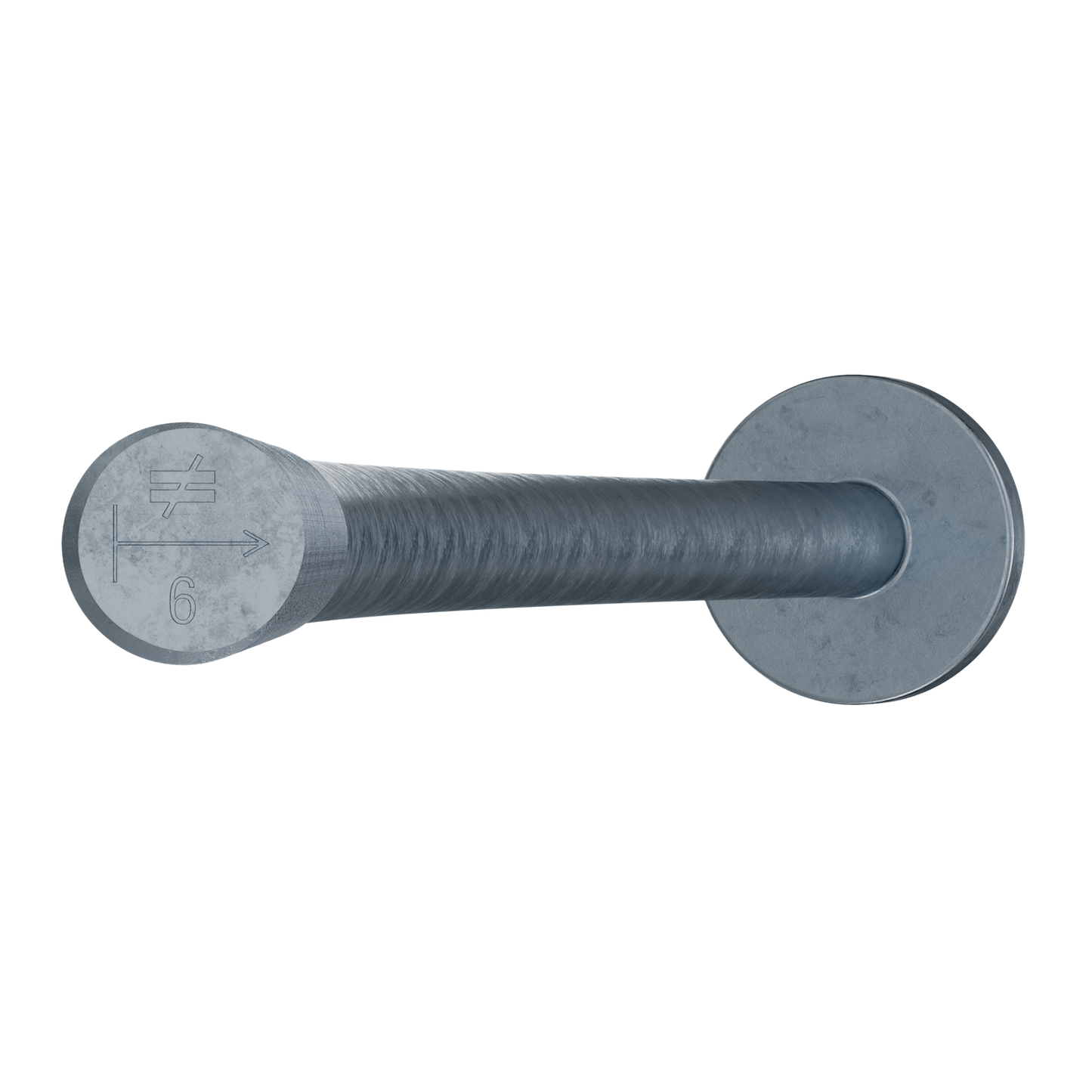 Zoomed in on hot dipped galvanized Simpson Anchor Bolt head showing number 6 stamp