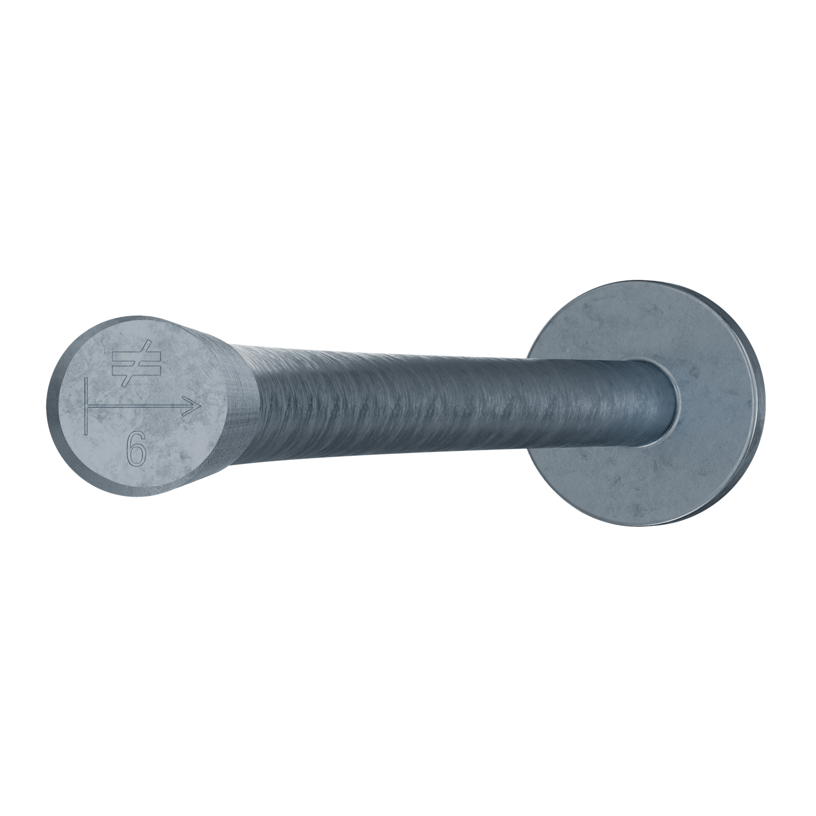 Zoomed in on hot dipped galvanized Simpson Anchor Bolt head showing number 6 stamp
