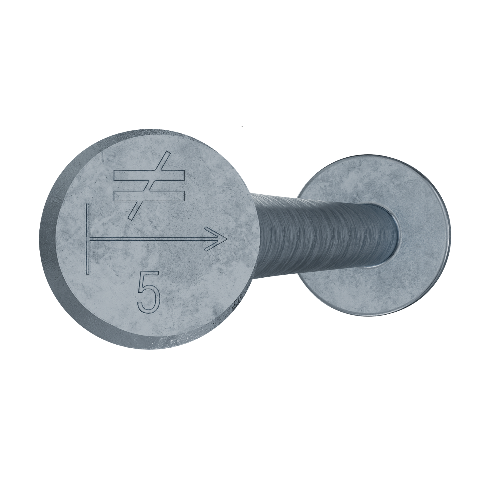 Zoomed in on hot dipped galvanized Simpson Anchor Bolt head showing number 5 stamp