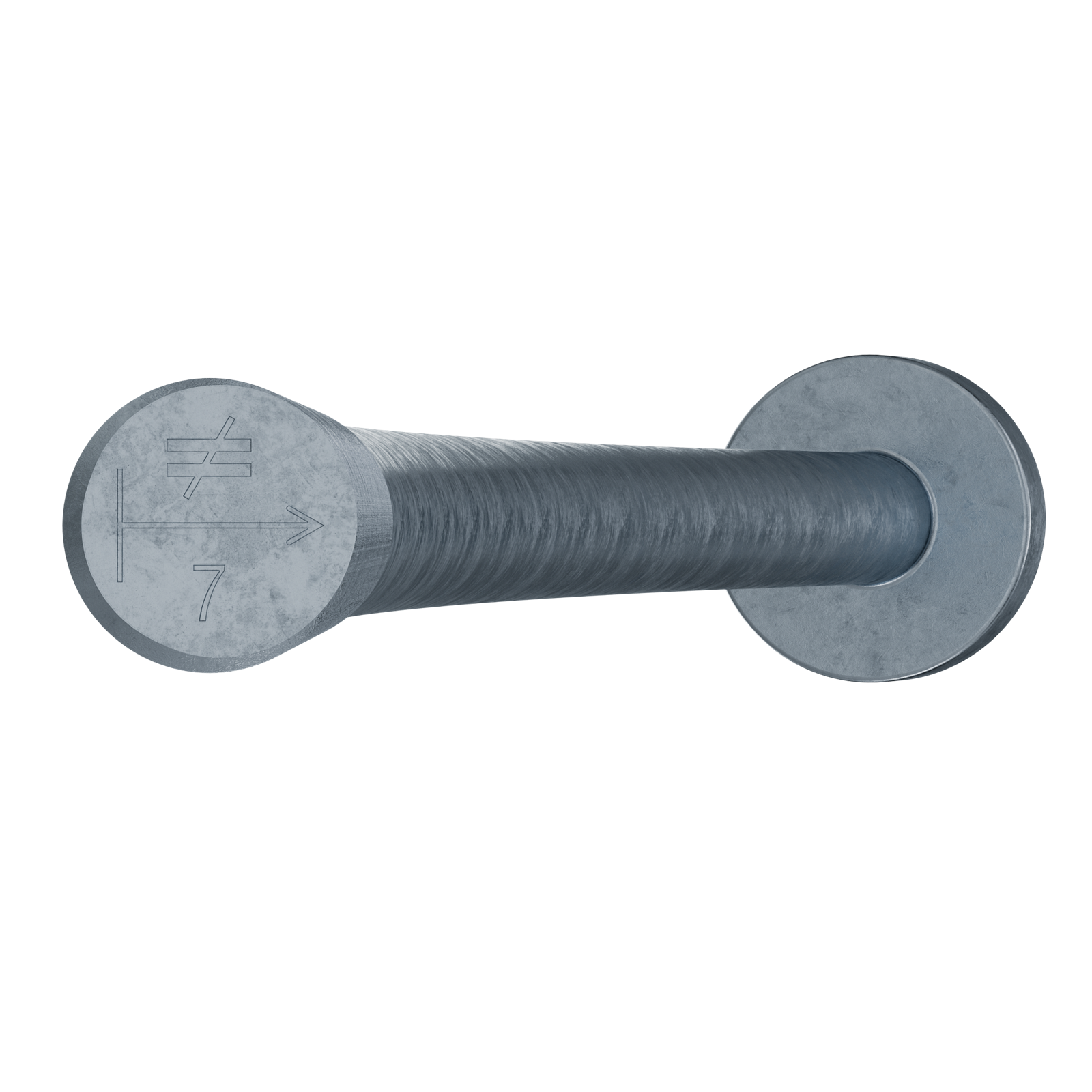Zoomed in on hot dipped galvanized Simpson Anchor Bolt head showing number 7 stamp