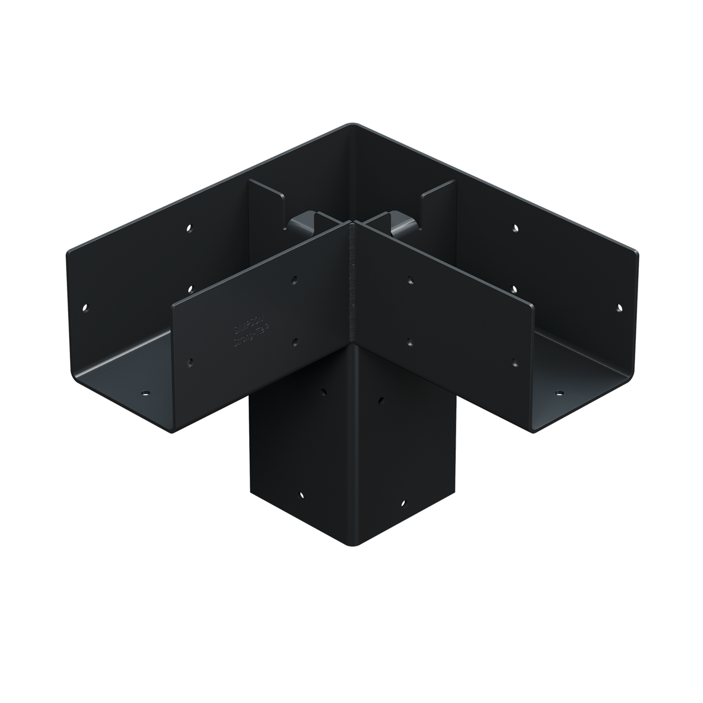 Black metal corner bracket from the Simpson Sage DIY Pergola Kit on a white background
