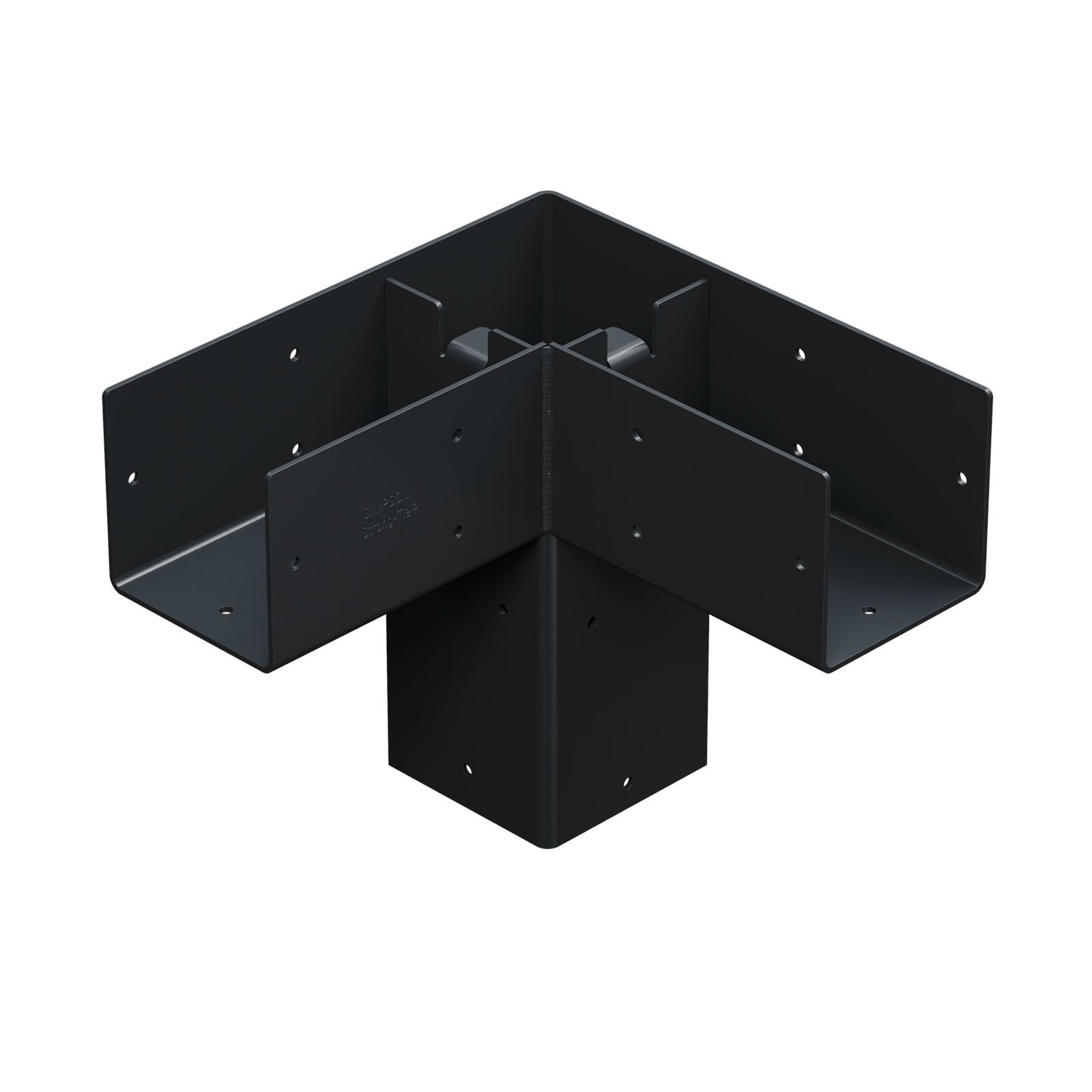 Black metal corner bracket from the Simpson Sage DIY Pergola Kit on a white background
