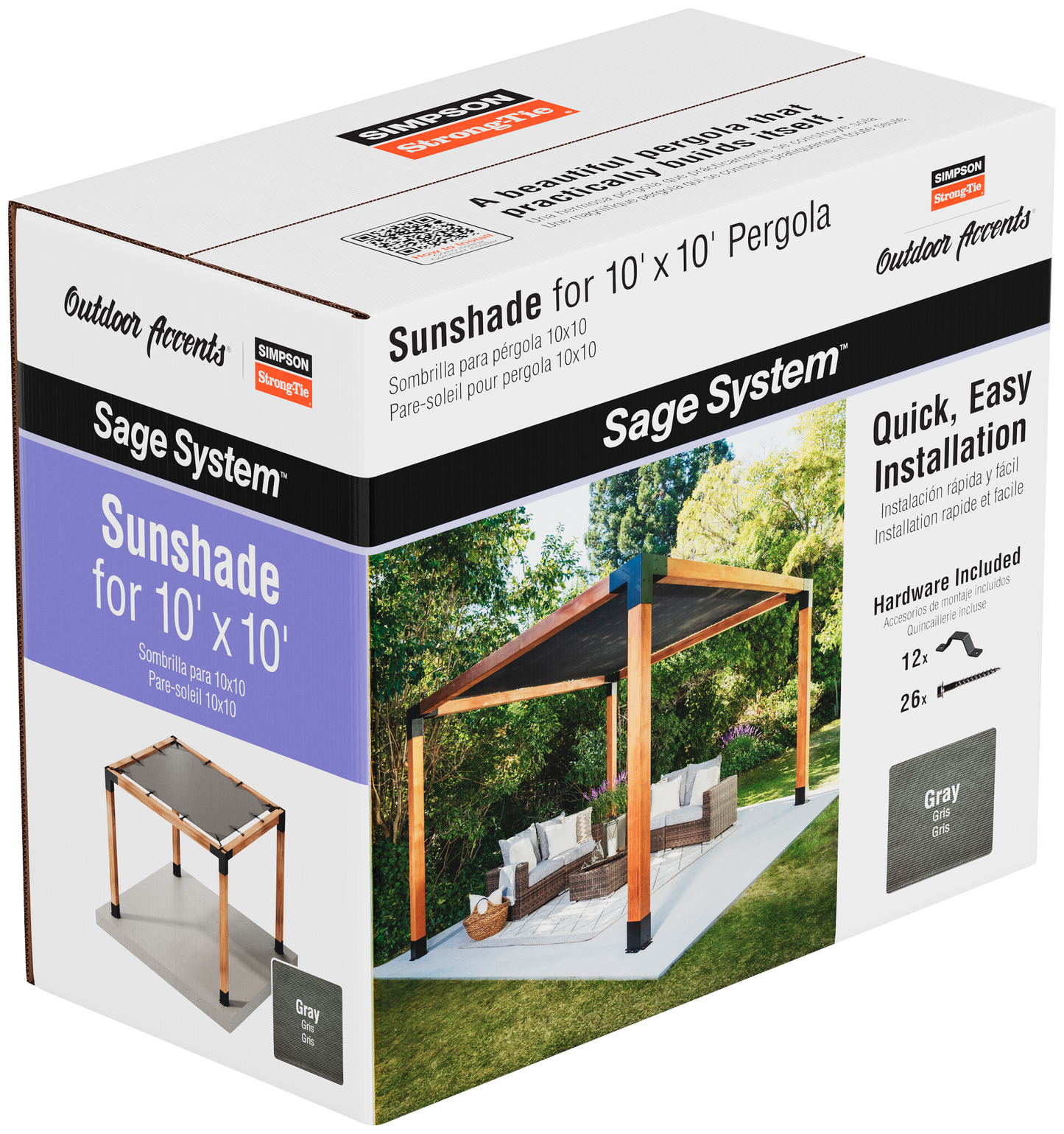 Box of Simpson 10' x 10' Sunshade from the Sage DIY Kit Pergola System with outdoor scene on packaging.