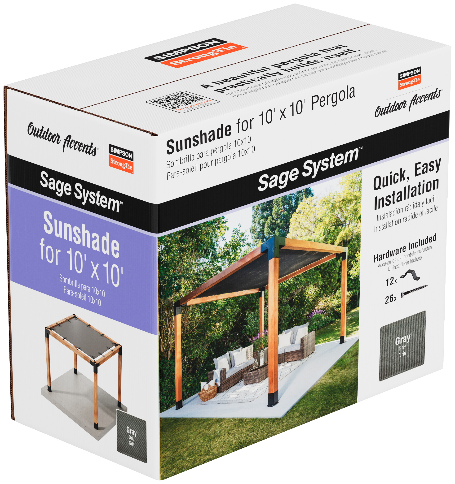 Box of Simpson 10' x 10' Sunshade from the Sage DIY Kit Pergola System with outdoor scene on packaging.