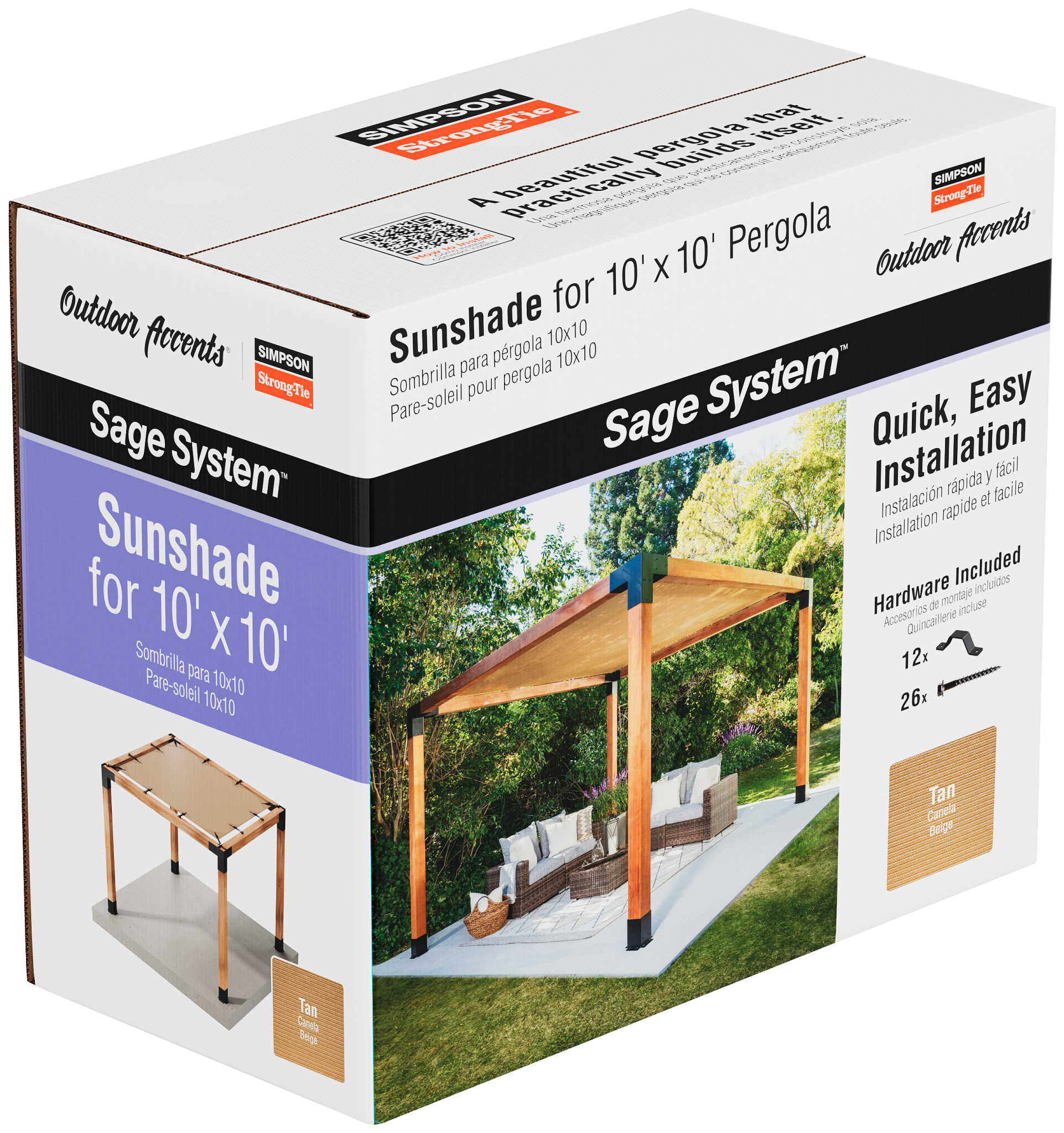 Box of Simpson Sunshade in Tan from the Sage DIY Kit Pergola System with outdoor scene on packaging.