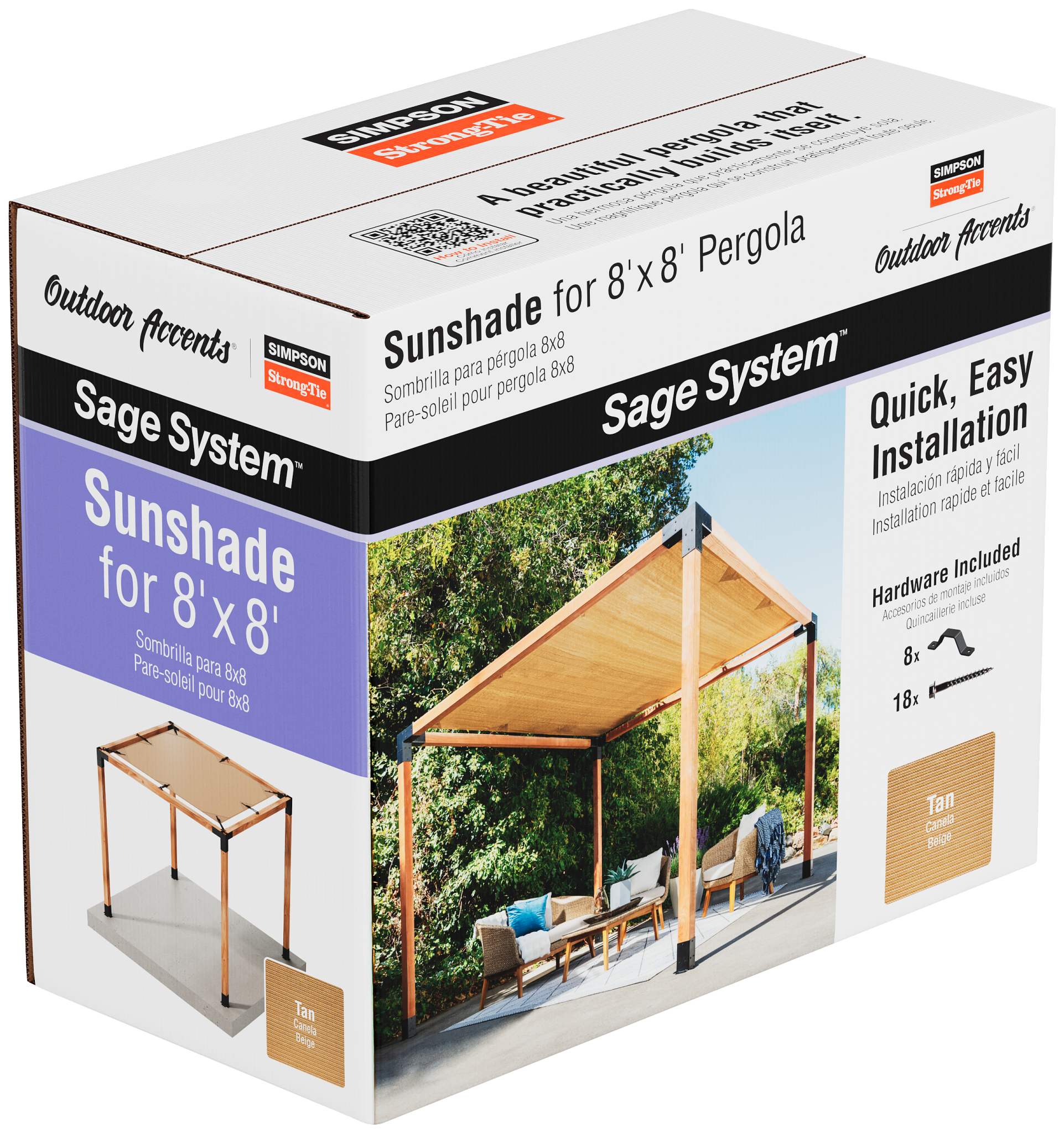 Box of Simpson Sunshade from the Sage DIY Kit Pergola System with outdoor scene on packaging.