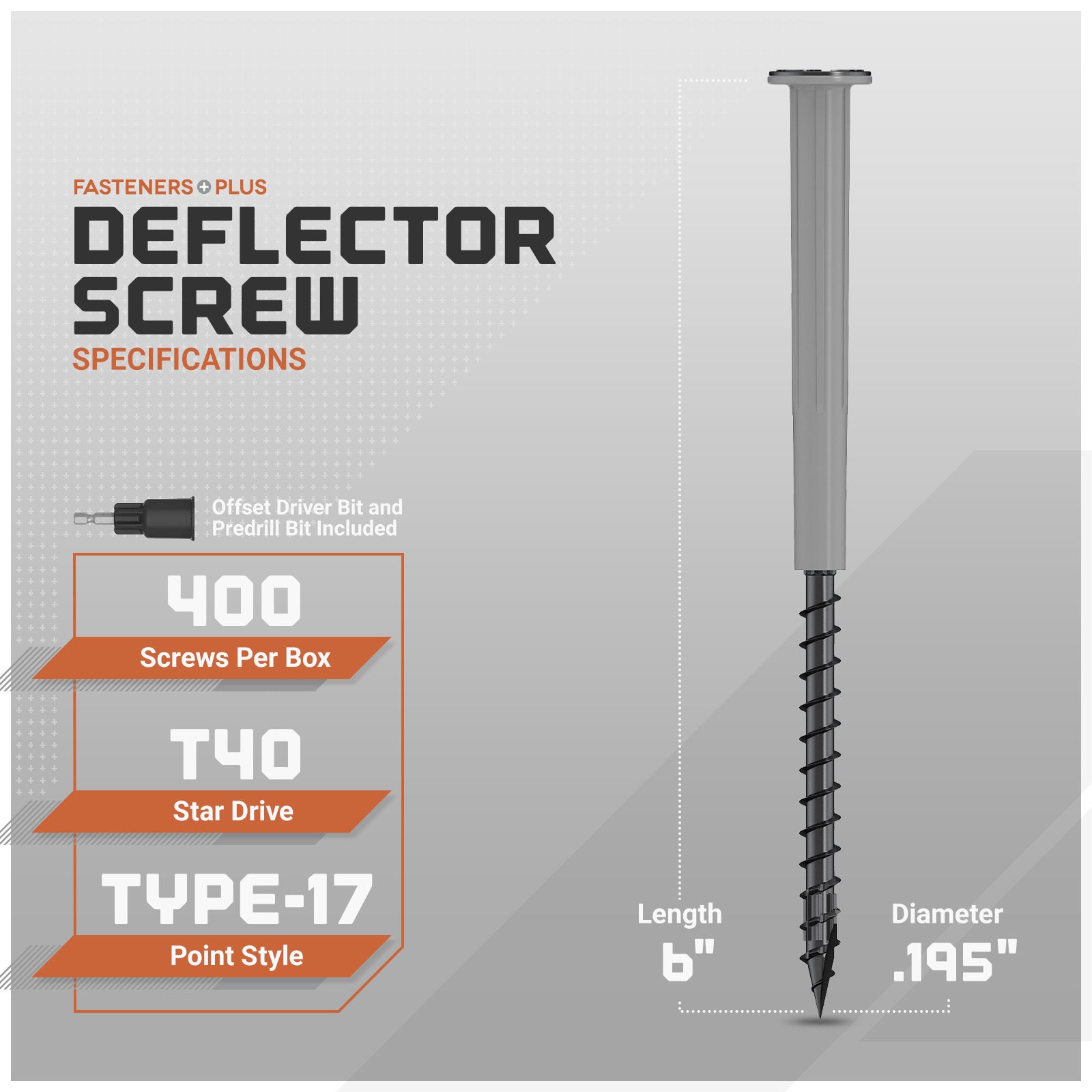 Deflector screw with specifications on a gray background