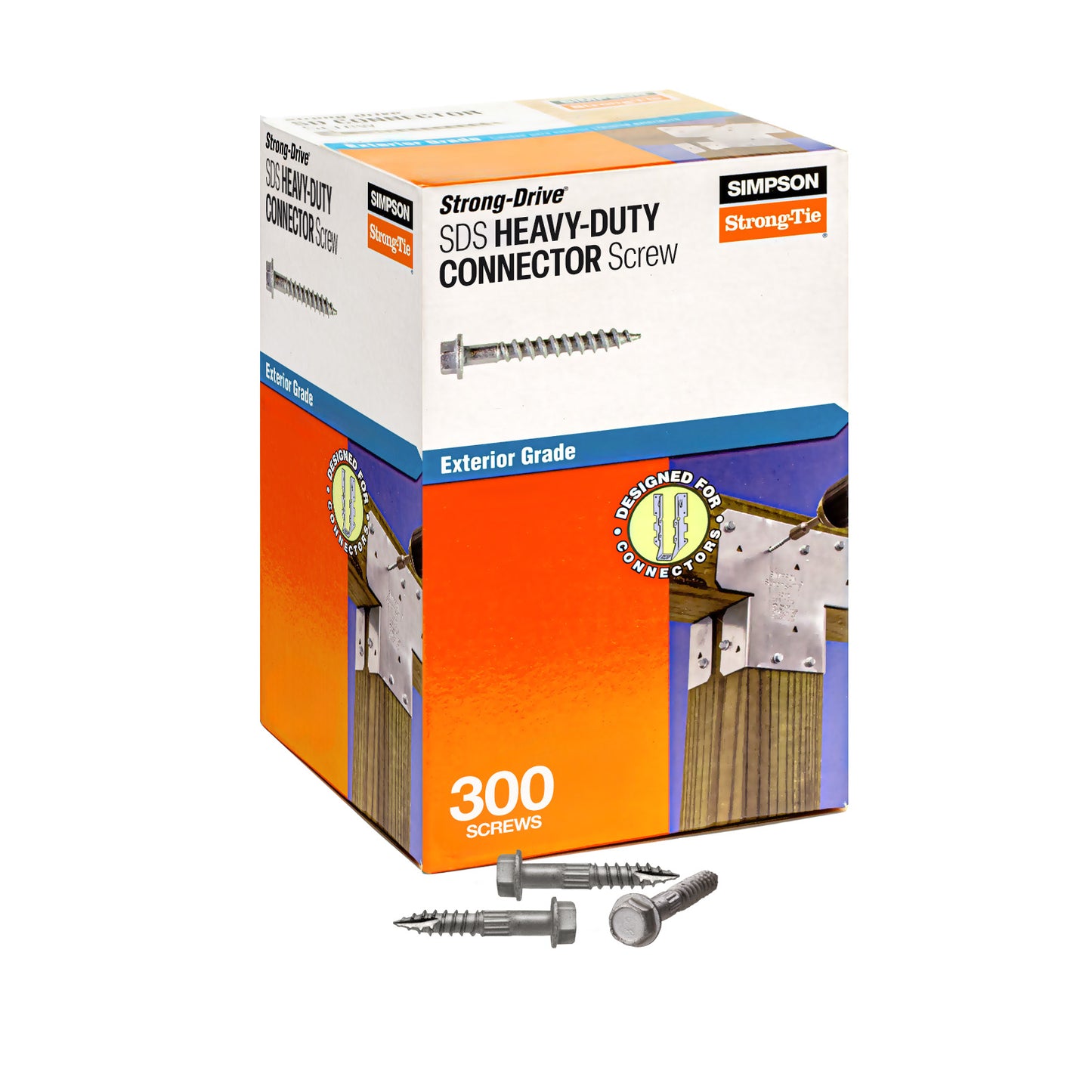 Box of Simpson Strong-Drive SDS Heavy-Duty Connector Screws on a white background