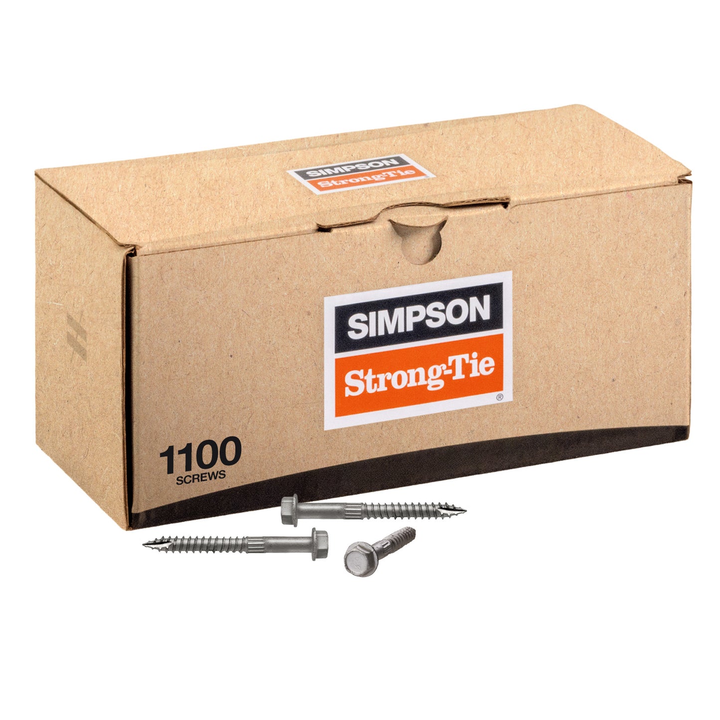 Box of Simpson Strong-Tie screws with screws displayed in front on a white background