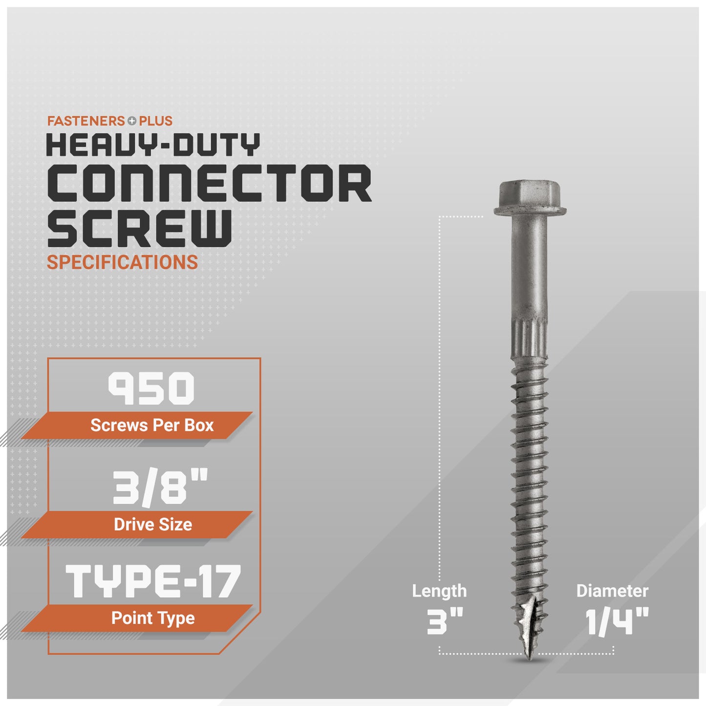 Heavy-duty connector screw with specifications on a gray background