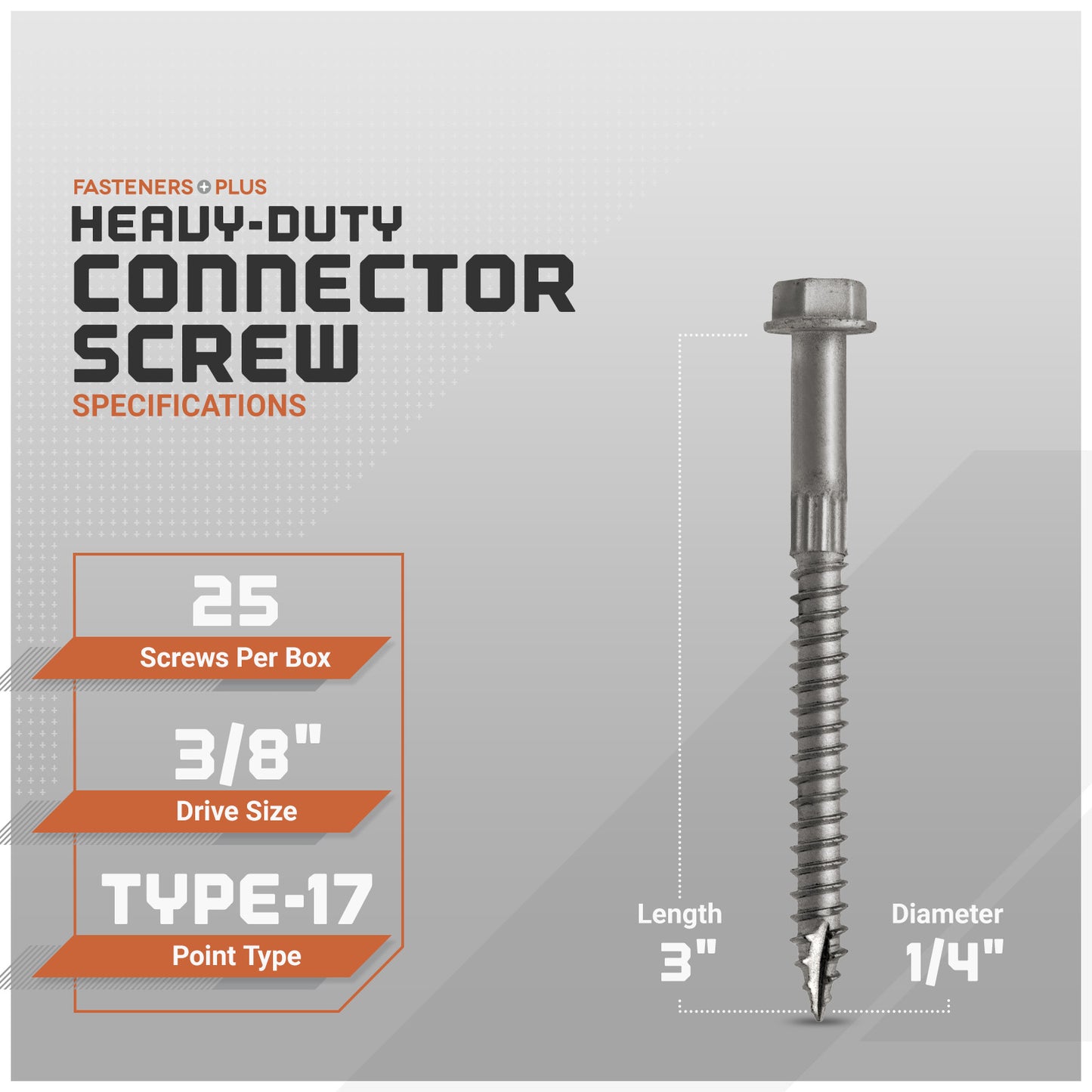 Heavy-duty connector screw with specifications on a gray background