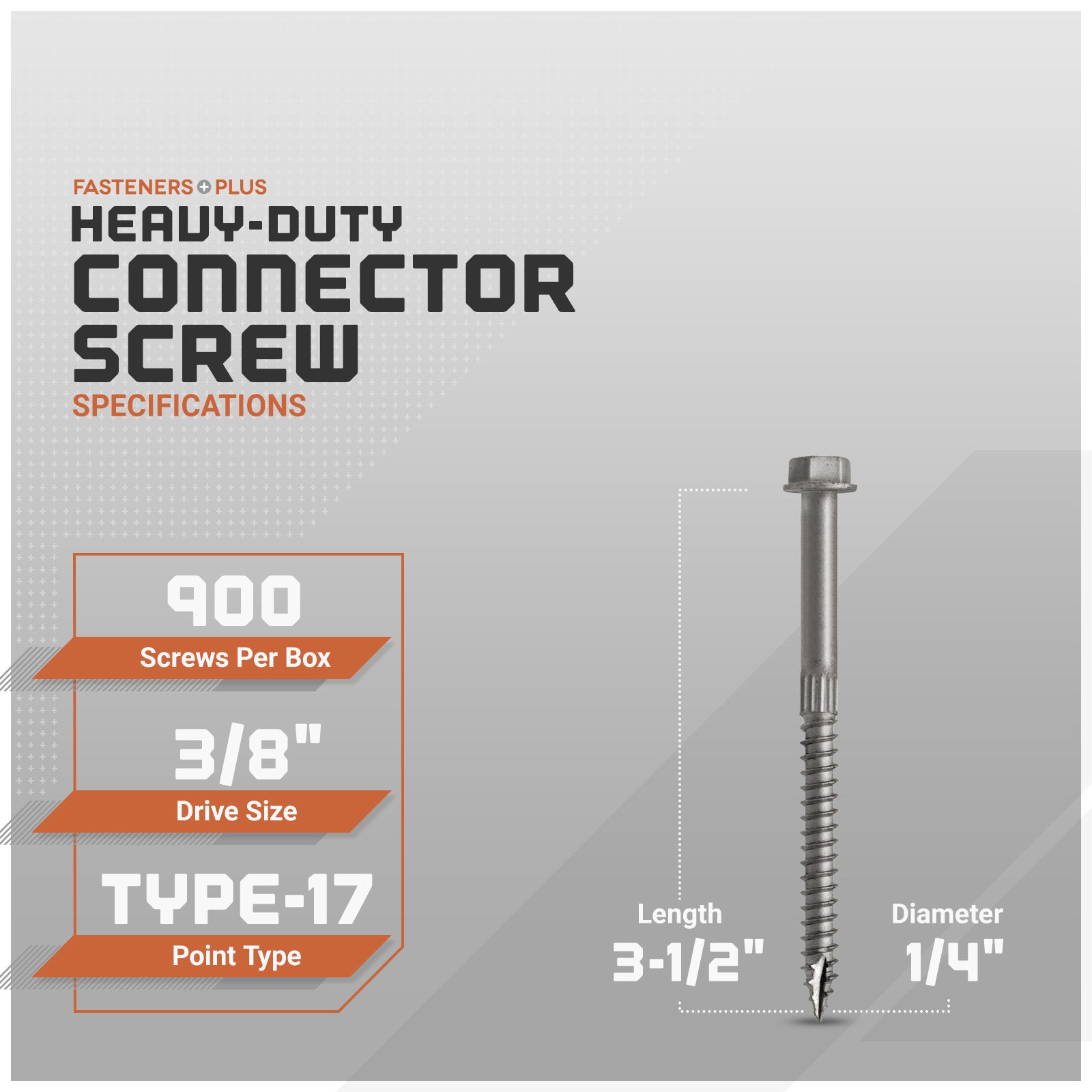 Heavy-duty connector screw packaging with specifications on a gray background