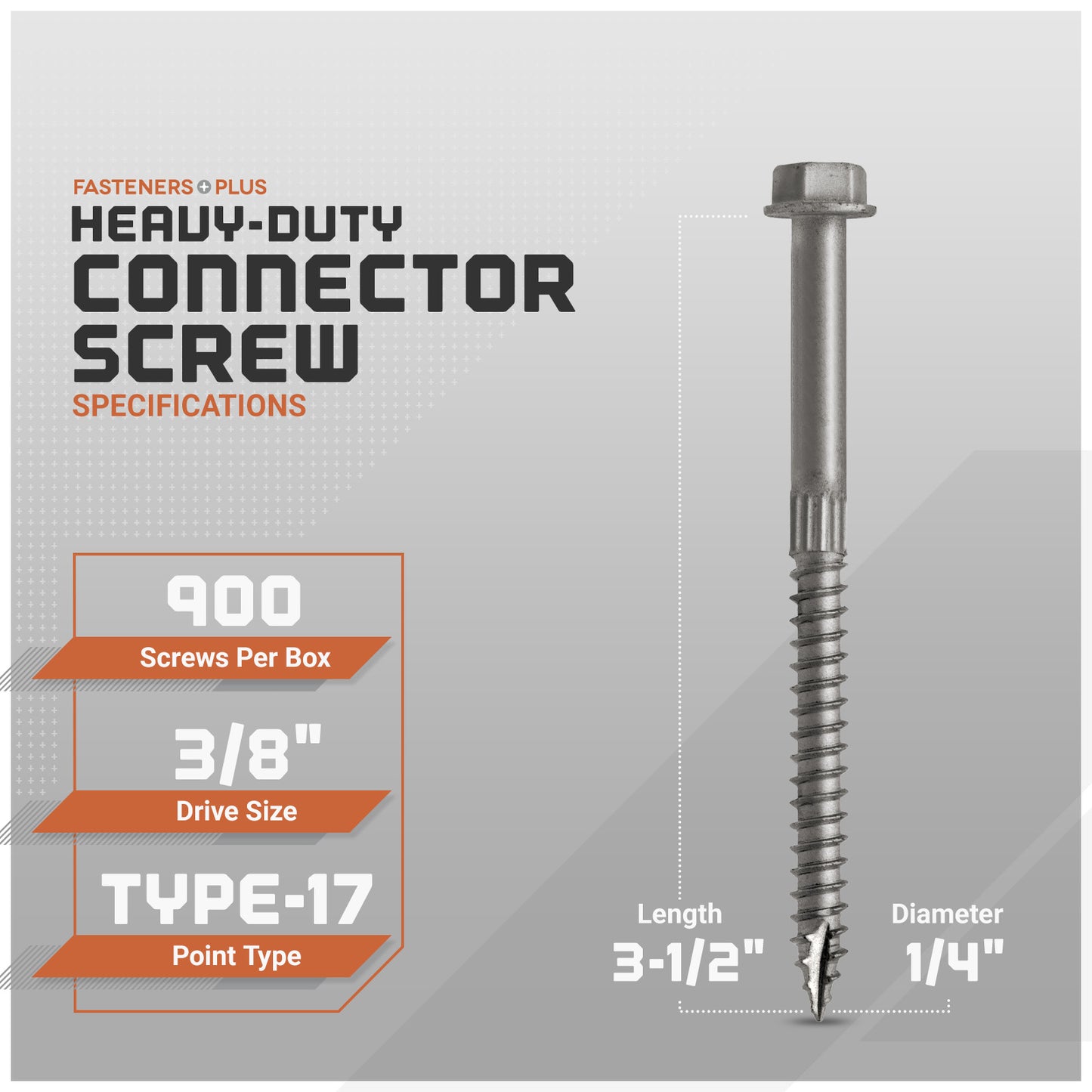Heavy-duty connector screw with specifications on a gray background