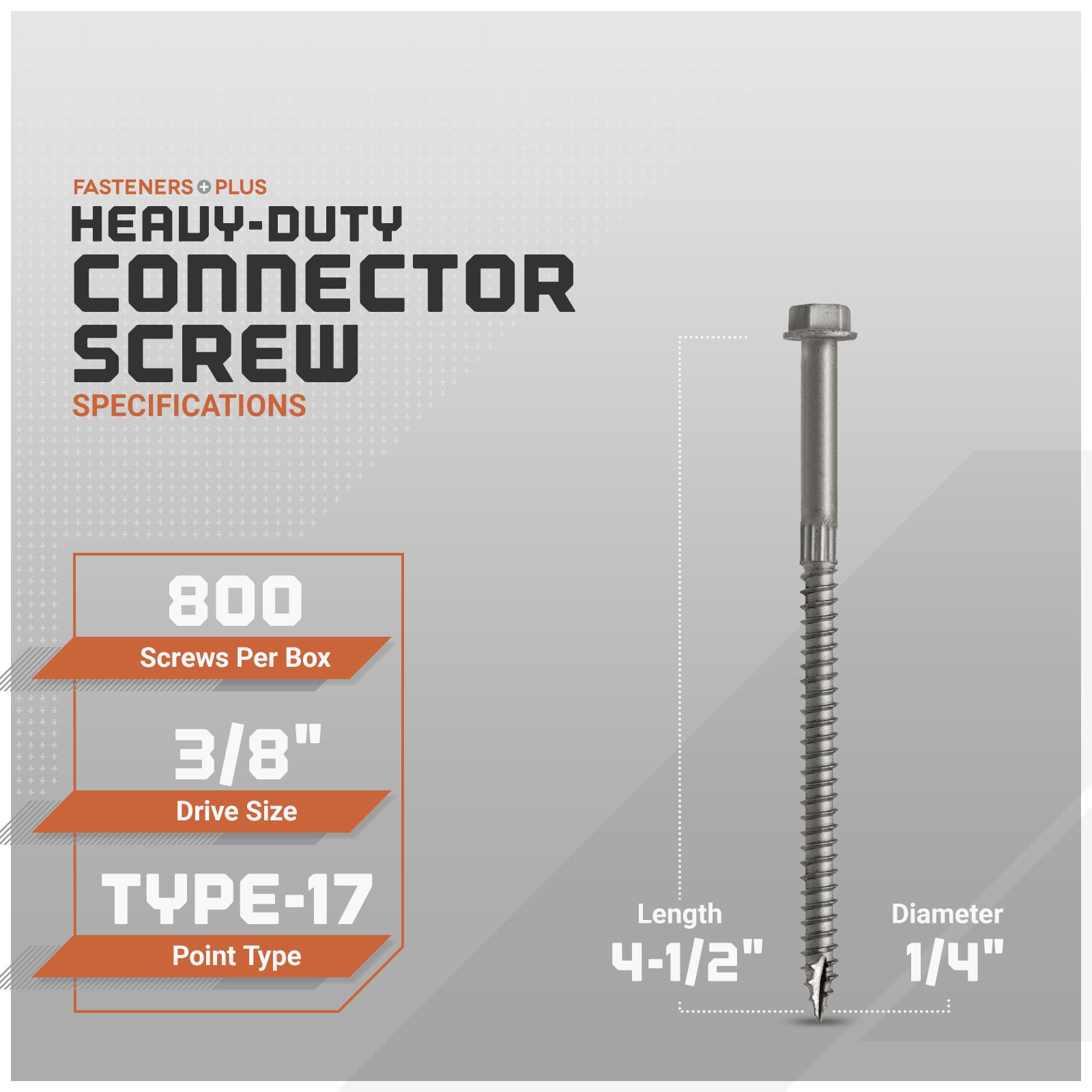 Heavy-duty connector screw with specifications on a gray background