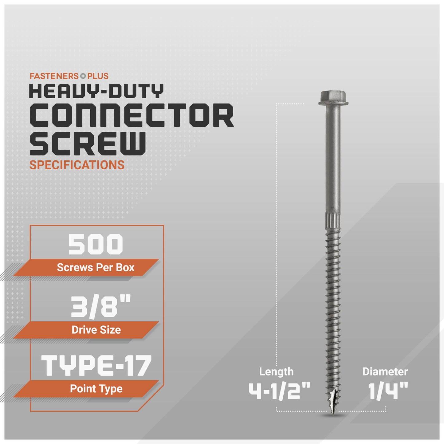 Heavy-duty connector screw with specifications on a gray background