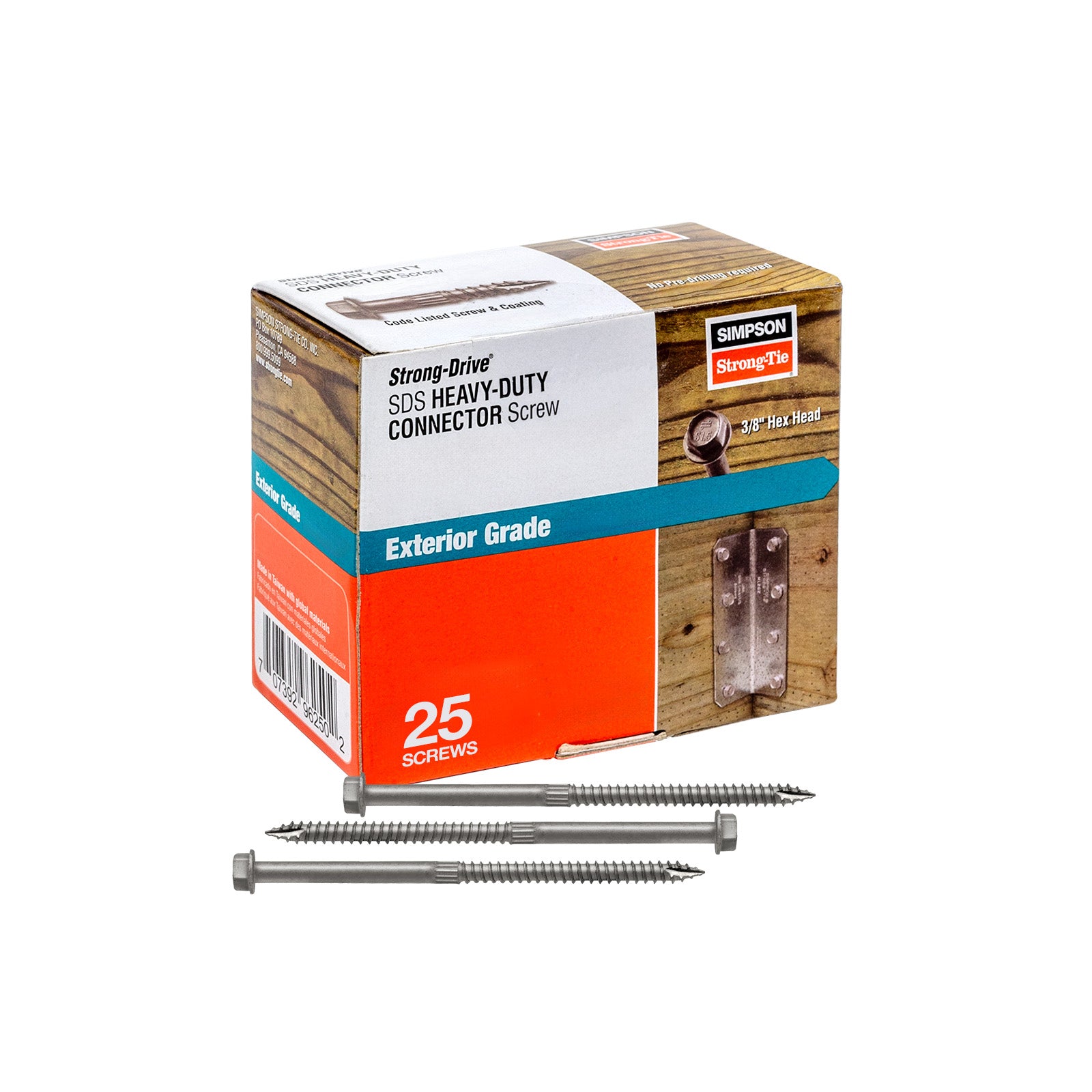 Box of Simpson Strong-Drive screws with two screws in front on a white background