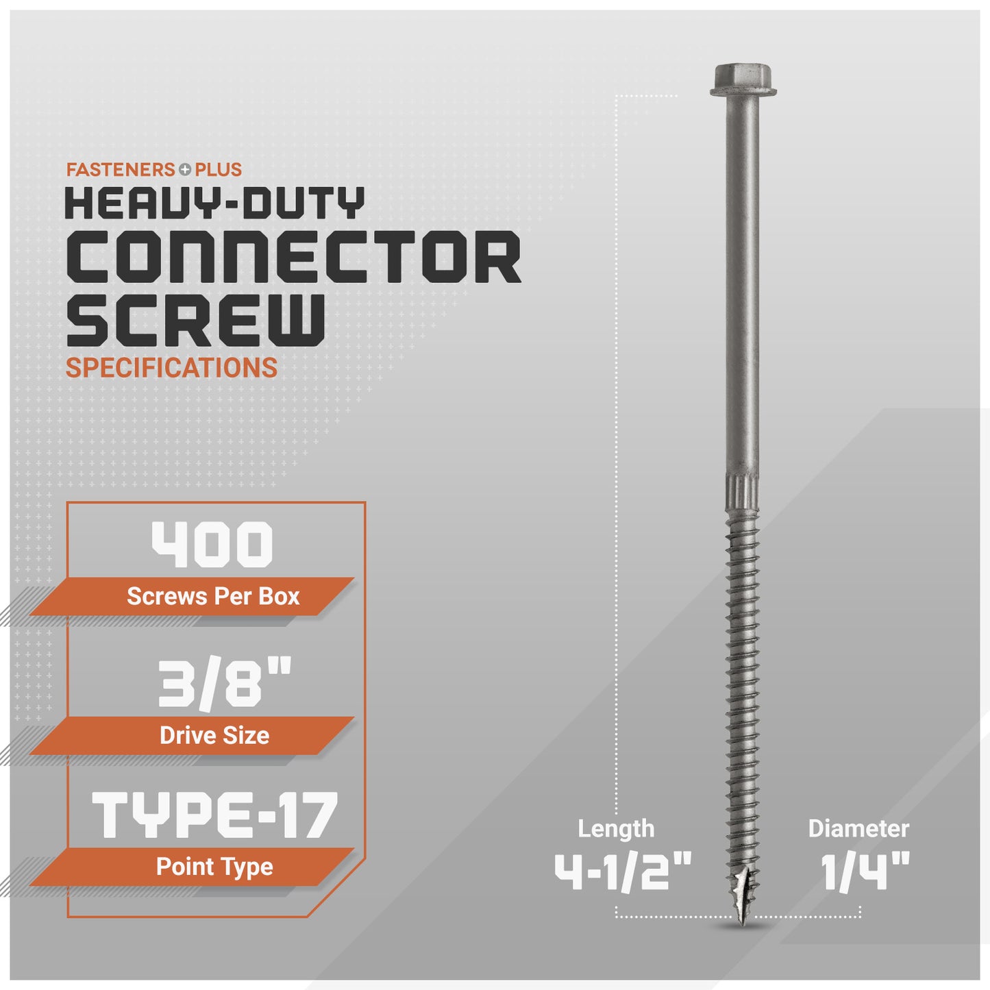 Heavy-duty connector screw with specifications on a gray background