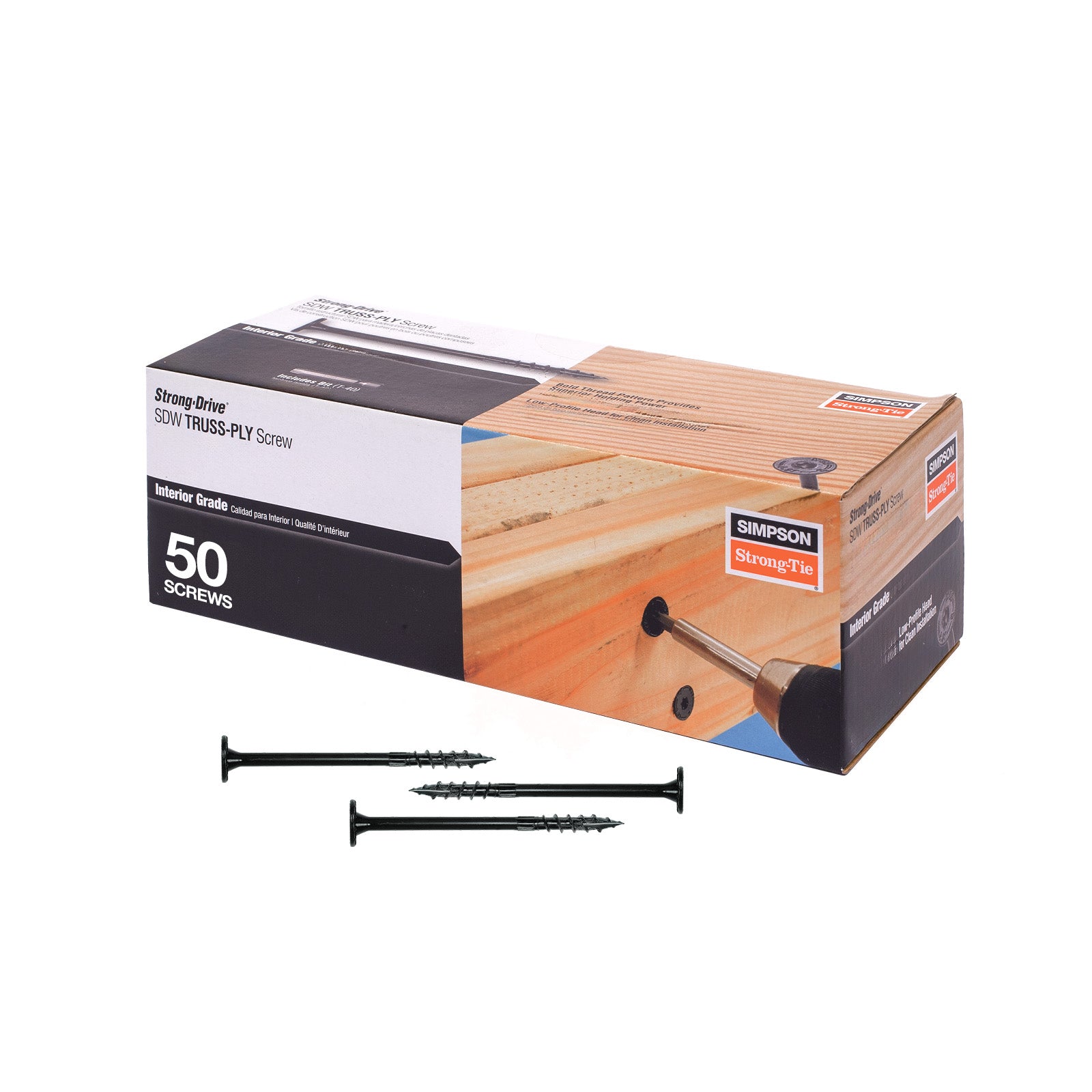 Box of Simpson Strong-Tie screws with two screws displayed in front on a white background