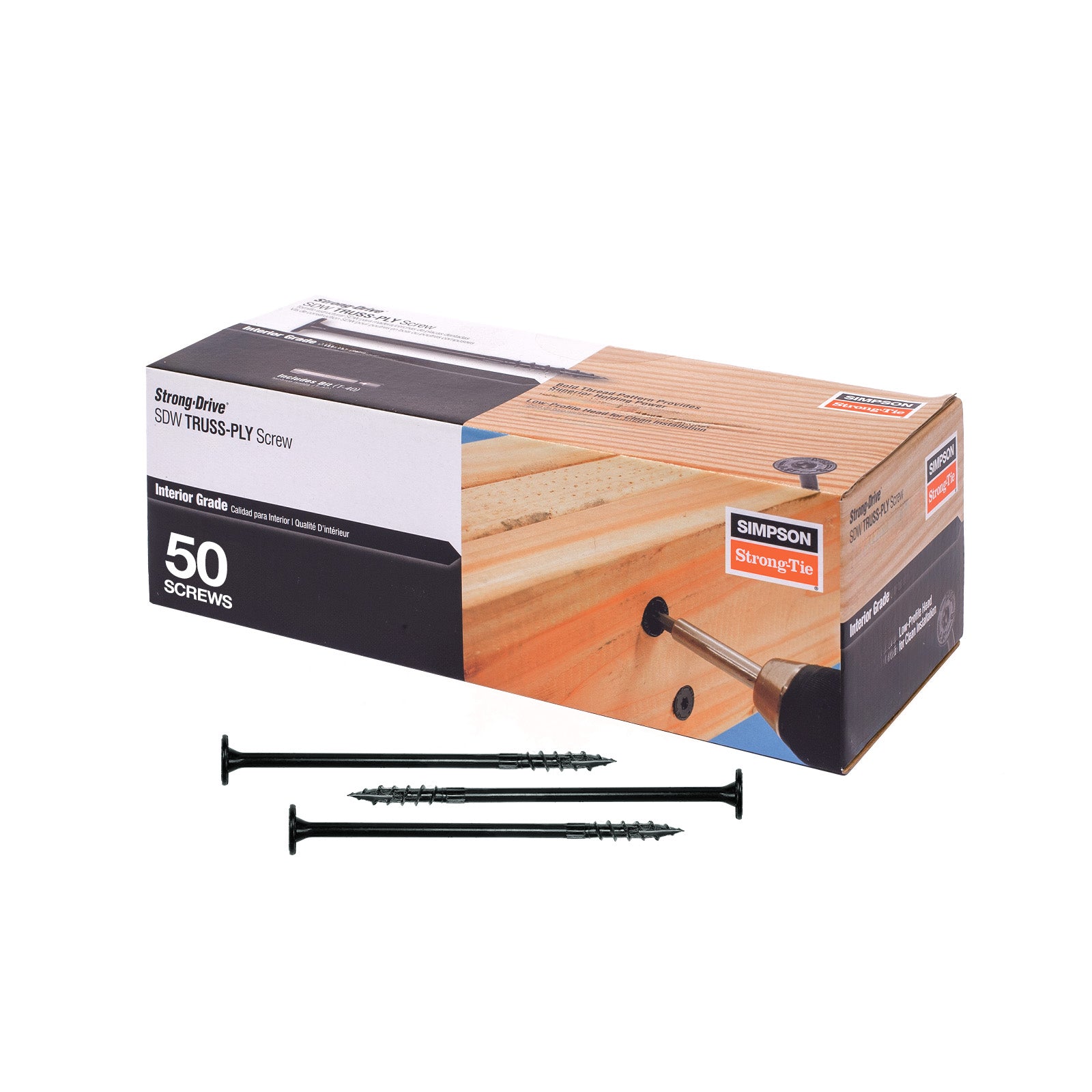 Box of Simpson Strong-Tie screws with screws displayed in front on a white background