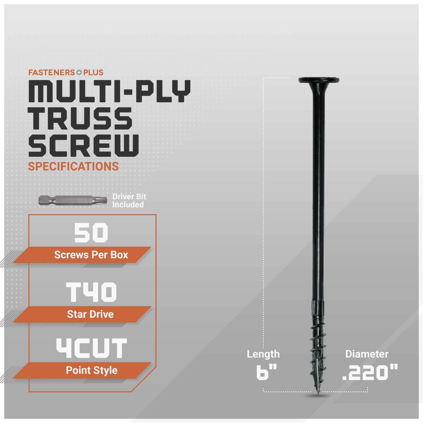 Multi-ply truss screw with specifications on a gray background