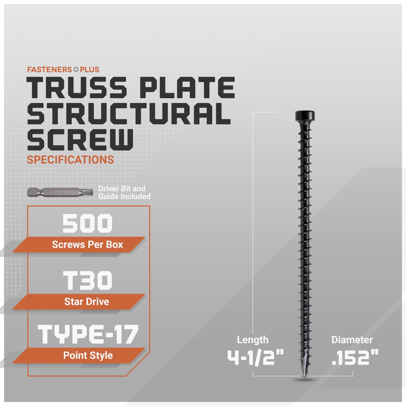 Truss plate structural screw with specifications on a gray background