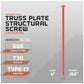 Truss plate structural screw with specifications on a gray background