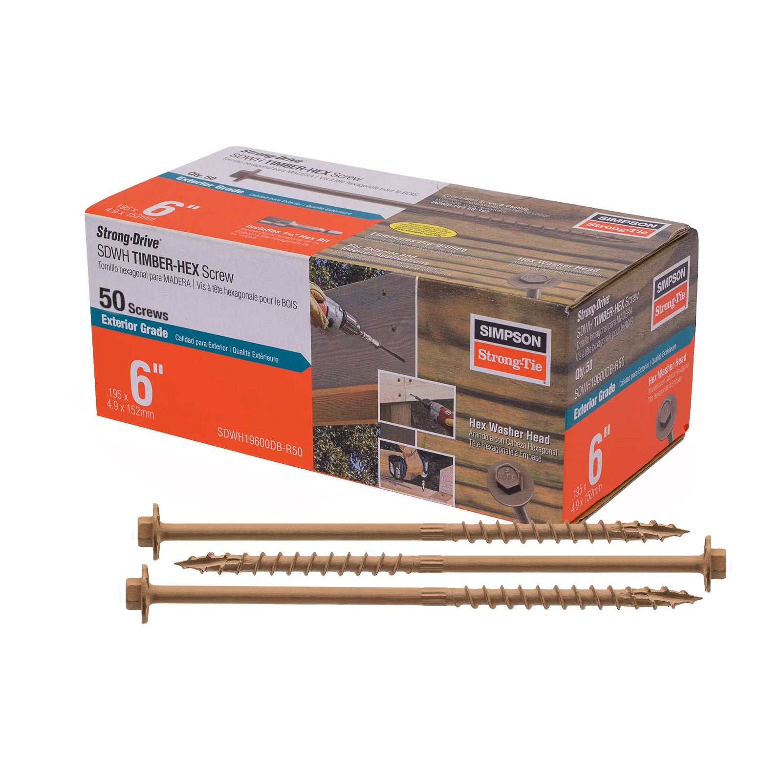 0.195" x 6" Strong-Tie SDWH19600DB-R50 Timber Hex Screw - Double Barrier Coating, Pkg 50