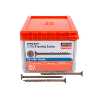 Box of Simpson Strong-Tie framing screws with screws in front on a white background