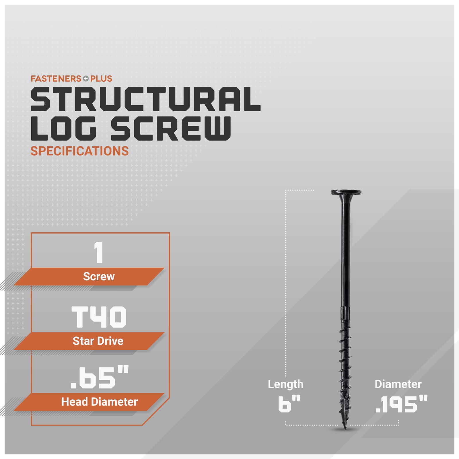 Structural log screw with specifications on a gray background