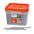 Clear plastic container with orange lid and screws on a white background