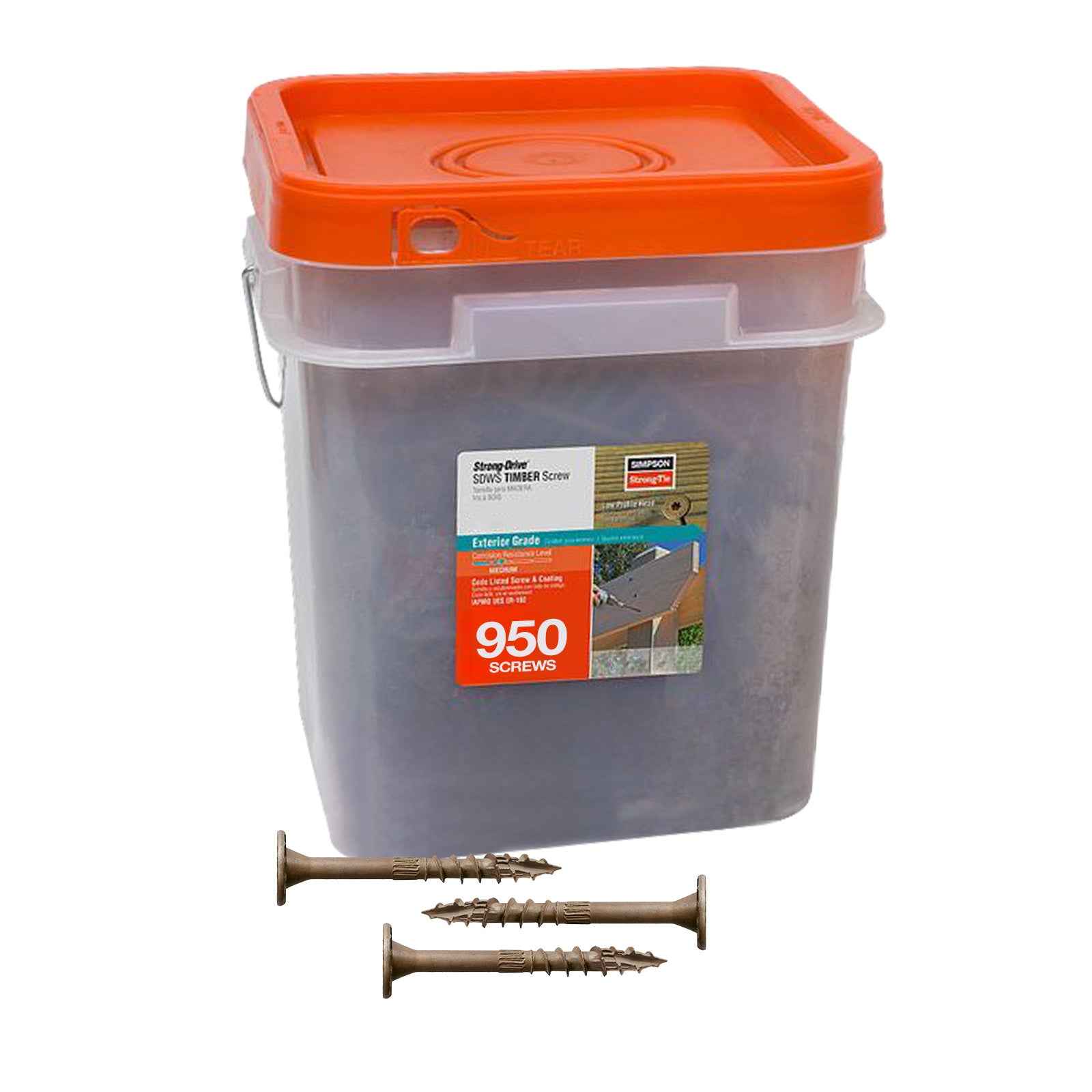 Clear plastic bucket with orange lid labeled '950 Screws' on a white background