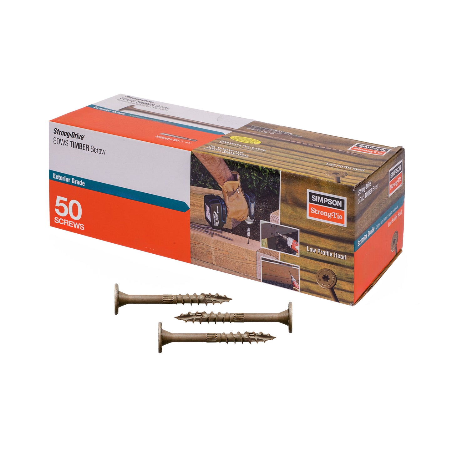 Box of Simpson Strong-Tie screws with two screws displayed in front on a white background