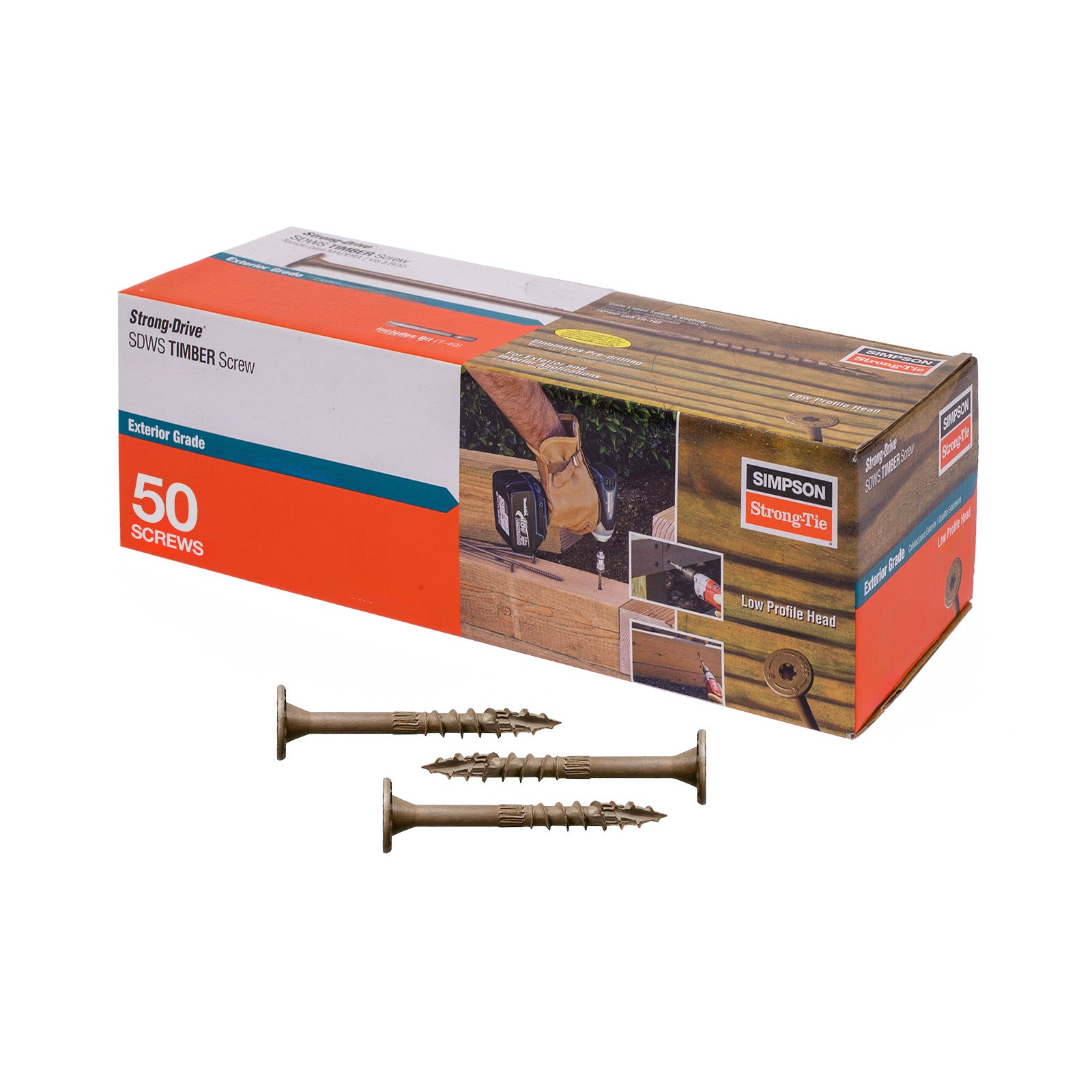 Box of Simpson Strong-Tie screws with two screws displayed in front on a white background