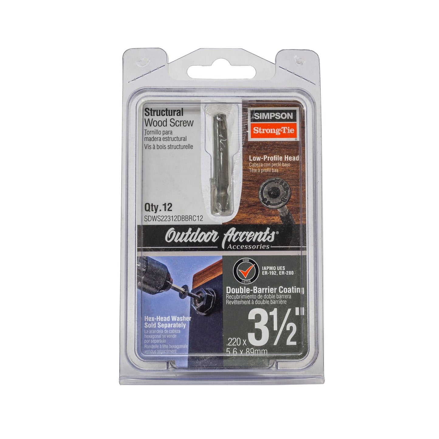 0.220" x 3-1/2" Strong-Tie SDWS22312DBBRC12 Structural Screw T40 Star Double Barrier Black - Pkg 12