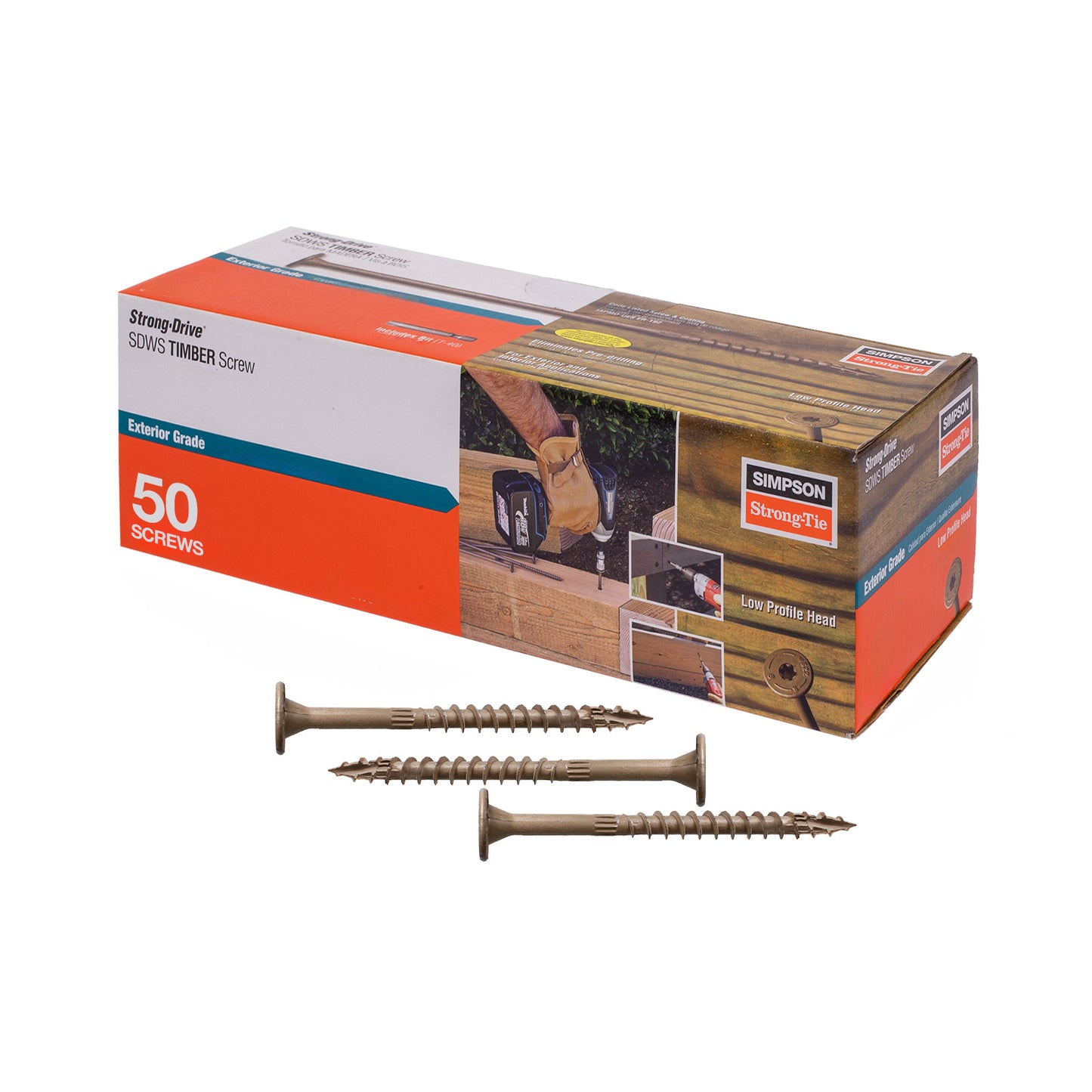 Box of Simpson Strong-Tie screws with three screws displayed in front on a white background