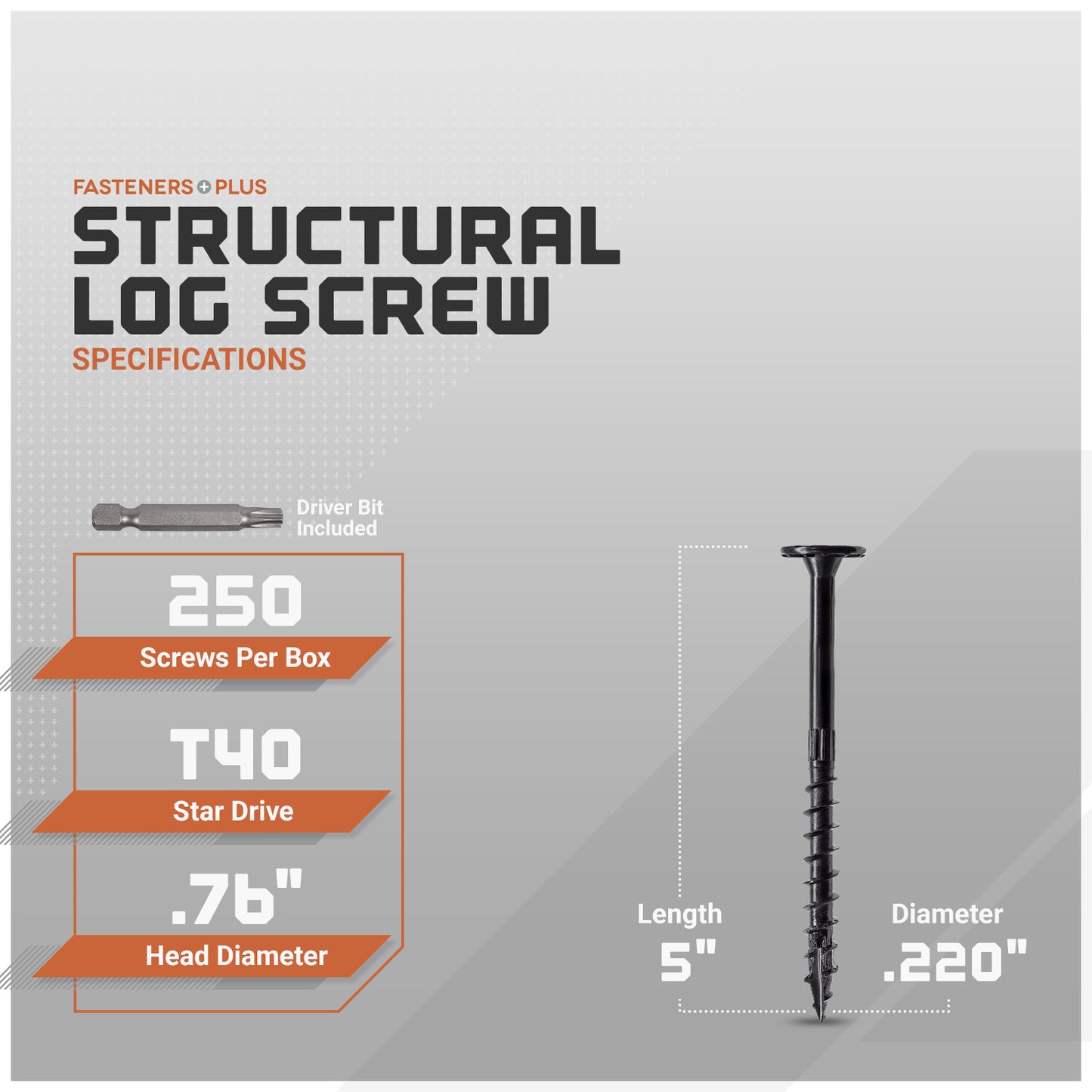 Structural log screw packaging with specifications on a gray background