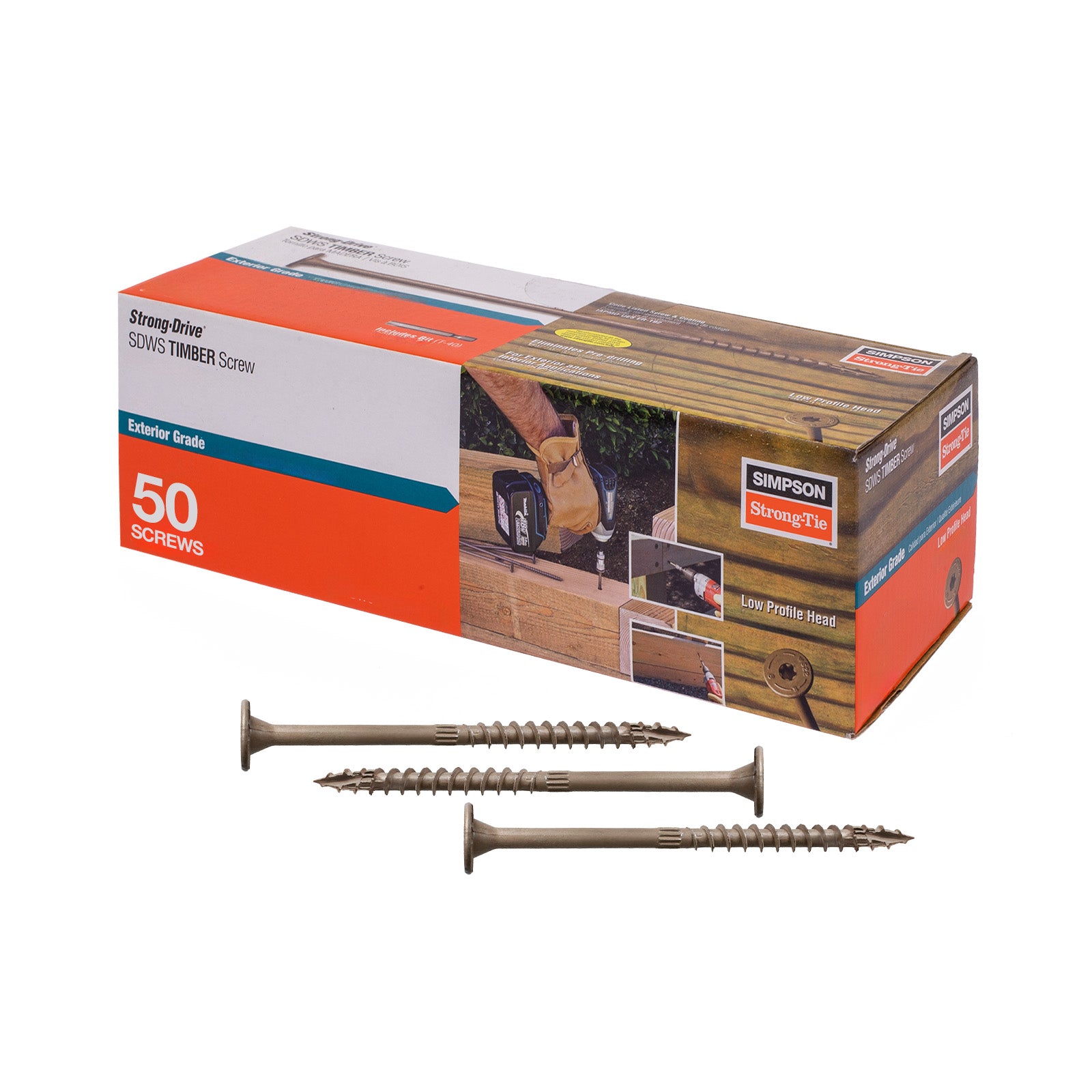 Box of Simpson Strong-Tie screws with three screws displayed in front on a white background