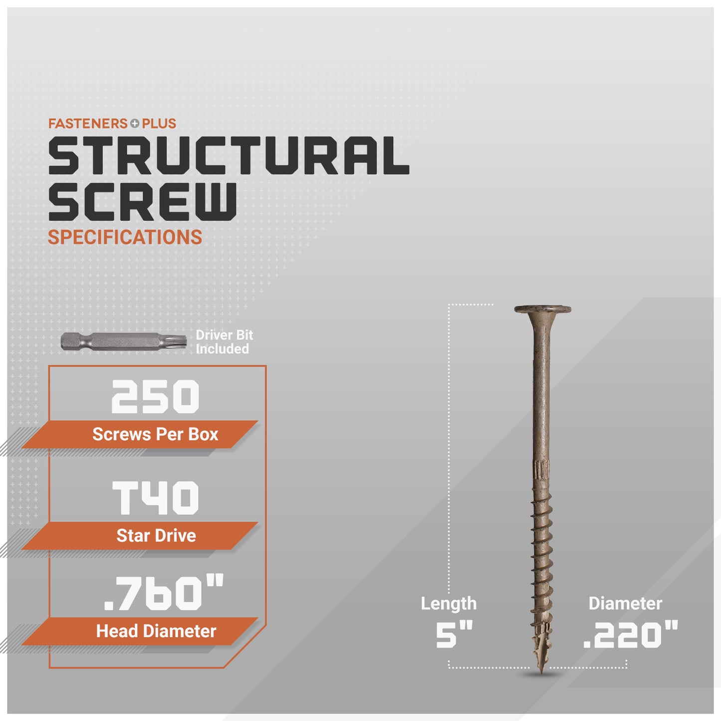 Structural screw with specifications on a gray background