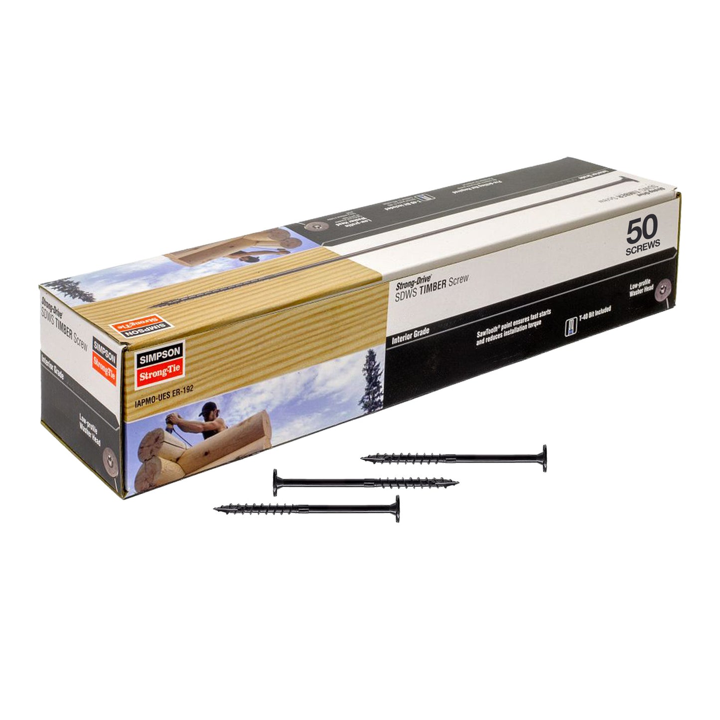 Box of Simpson Strong-Tie Timber Screws with screws on a white background