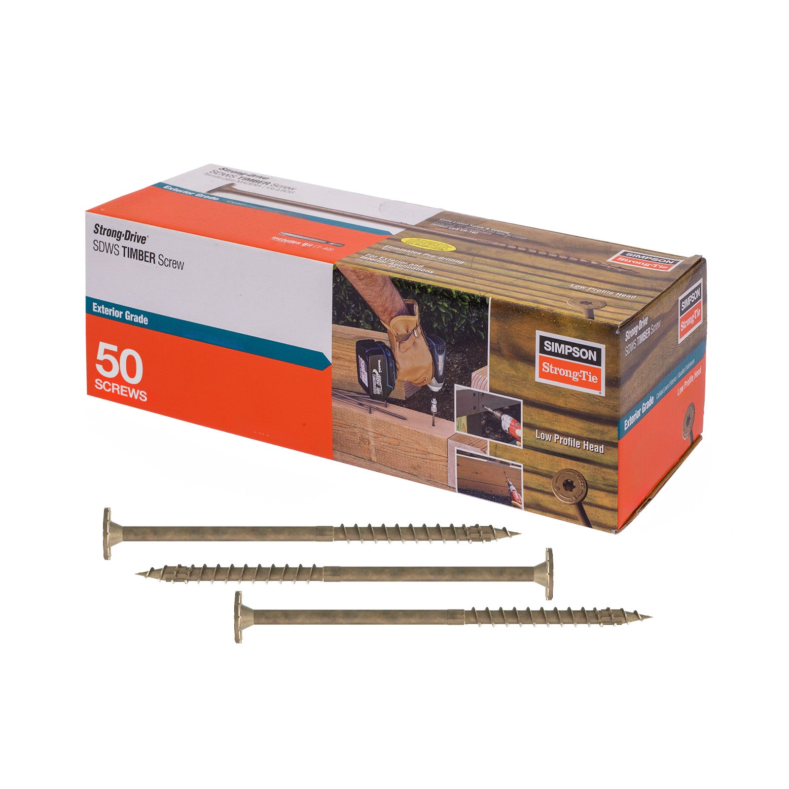Box of Simpson Strong-Tie screws with three screws displayed in front on a white background