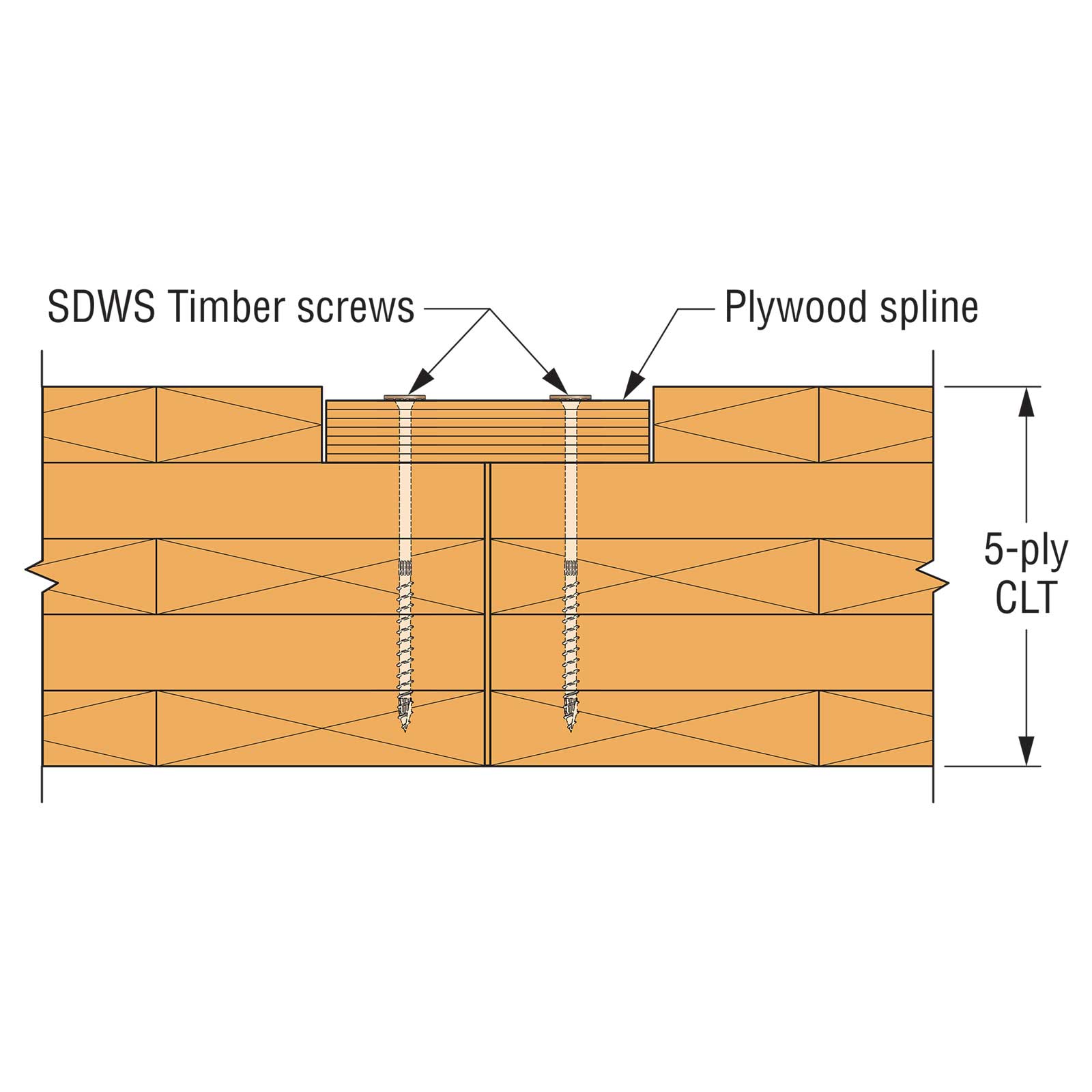 Diagram of 5-ply CLT with SDWS timber screws and plywood spline labeled