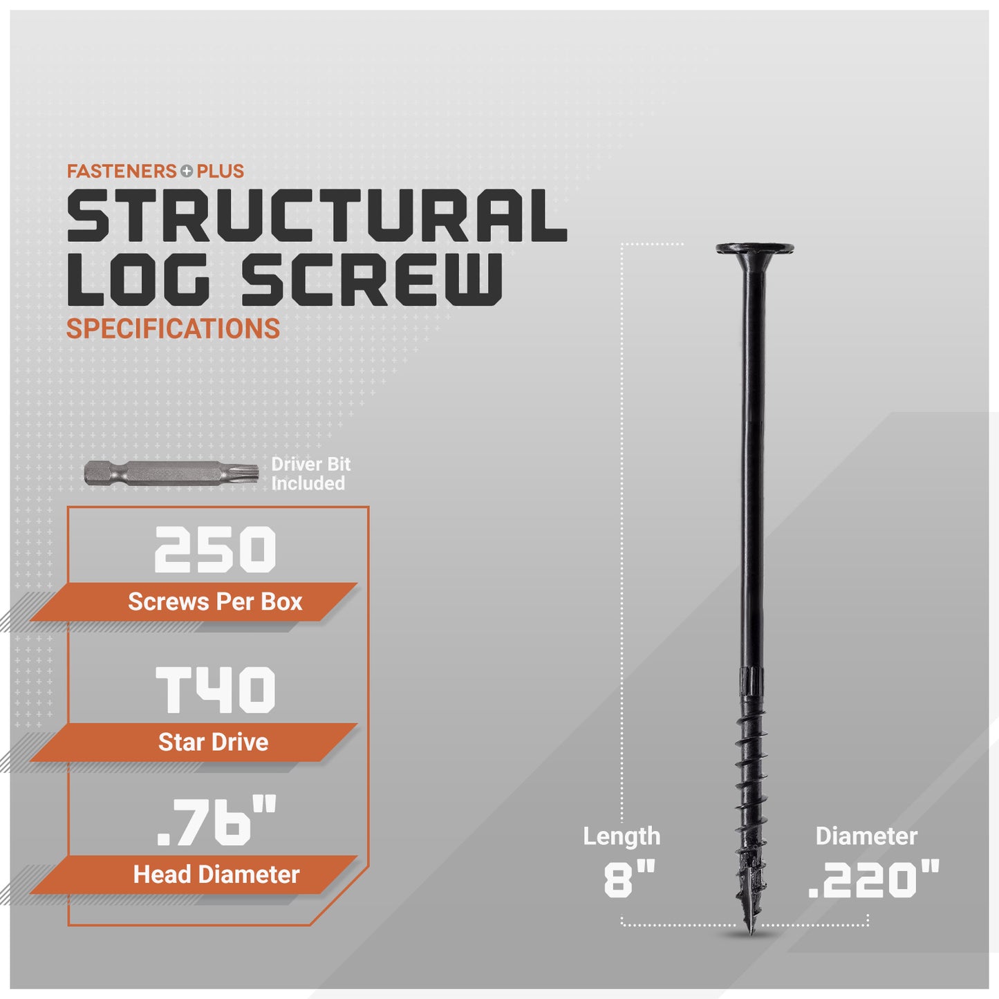 Structural log screw with specifications on a gray background
