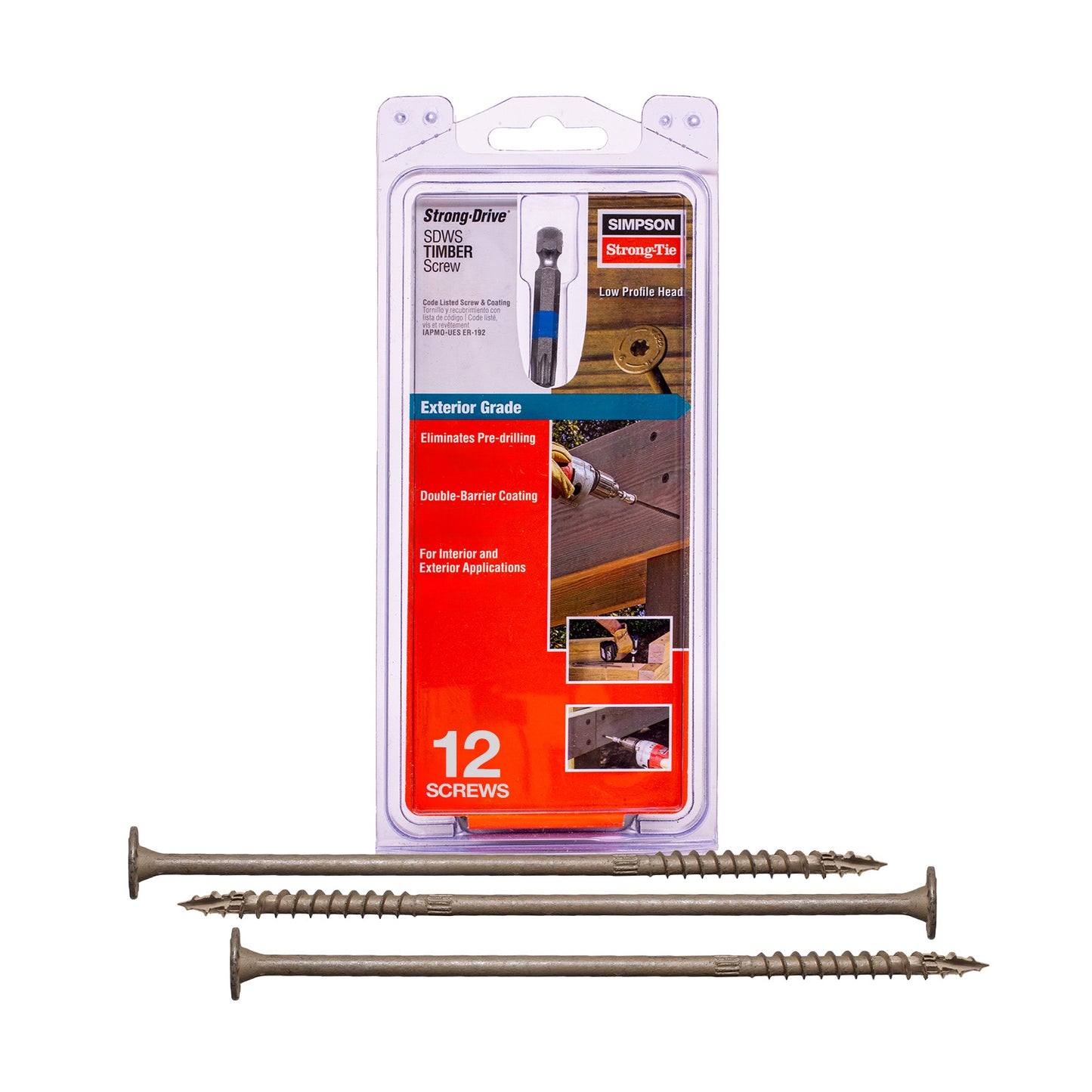 Packaged Simpson Strong-Tie screws with three screws displayed in front on a white background