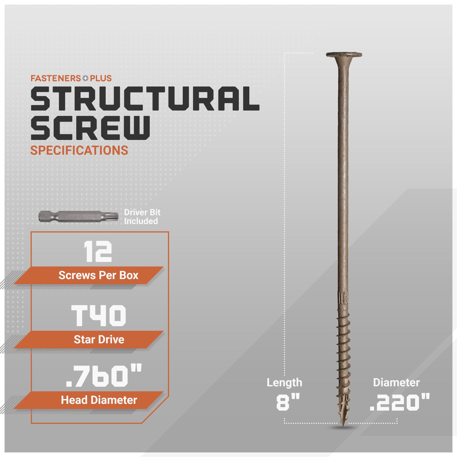 Structural screw with specifications on a gray background
