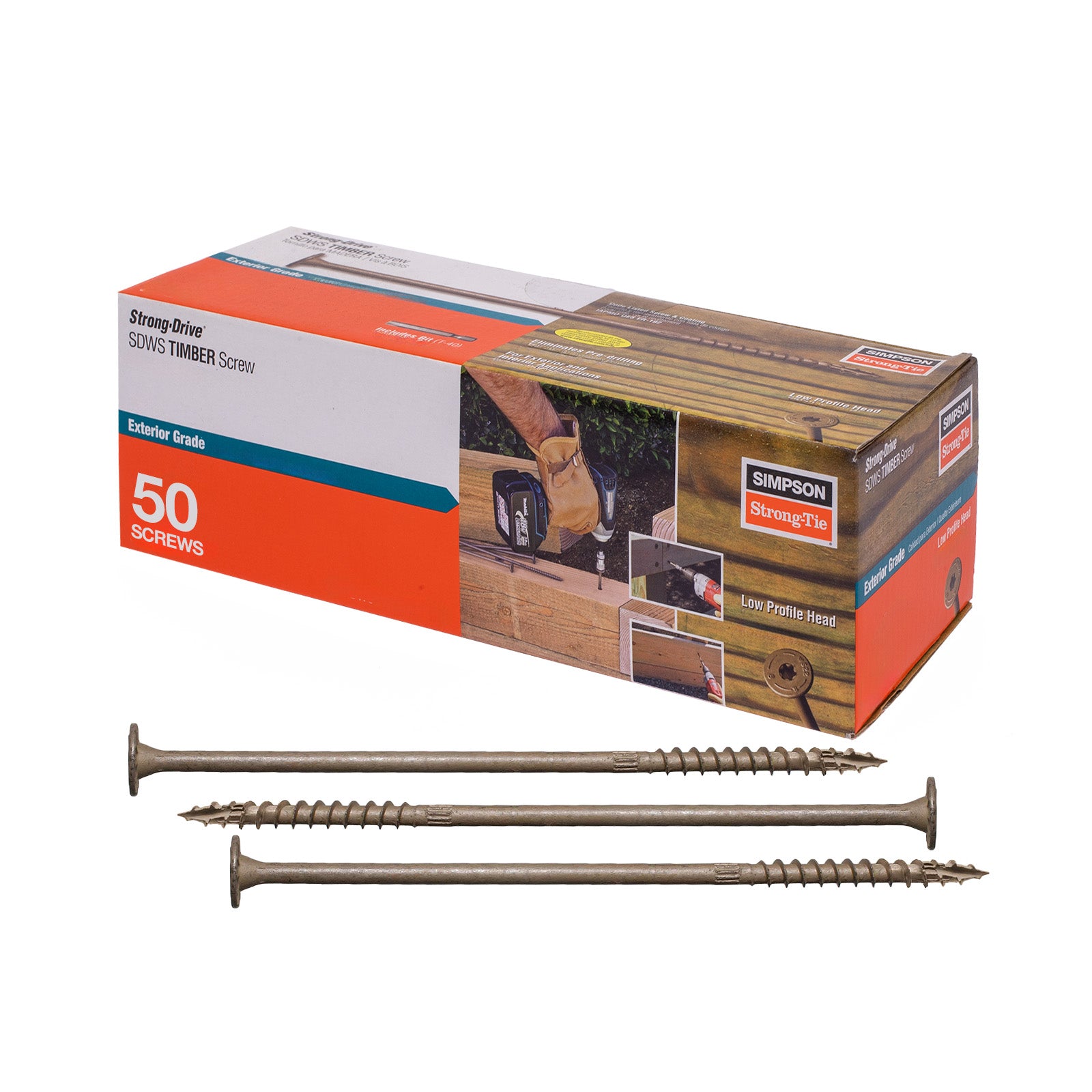 Box of Simpson Strong-Tie screws with three screws displayed in front on a white background