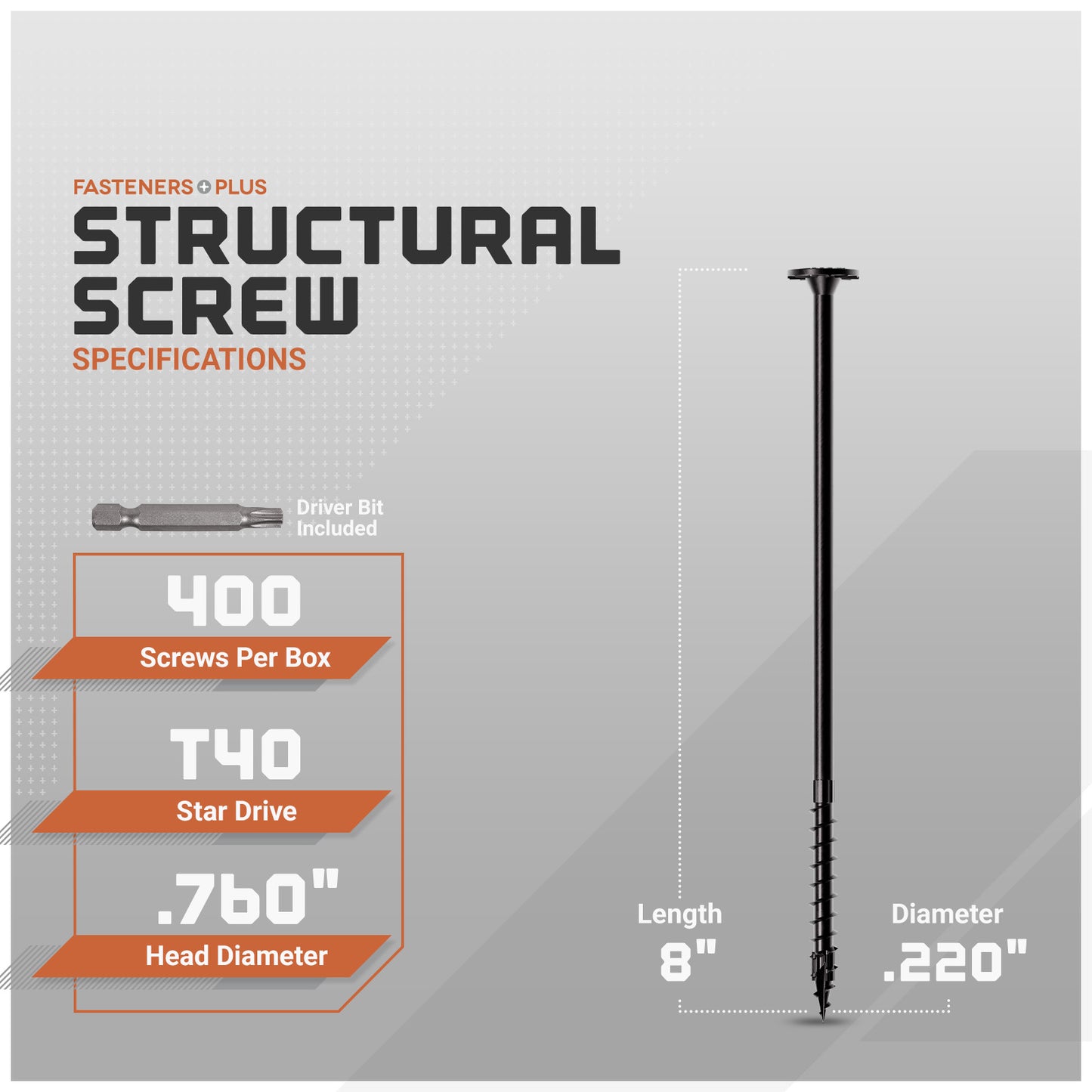 Structural screw with specifications on a gray background