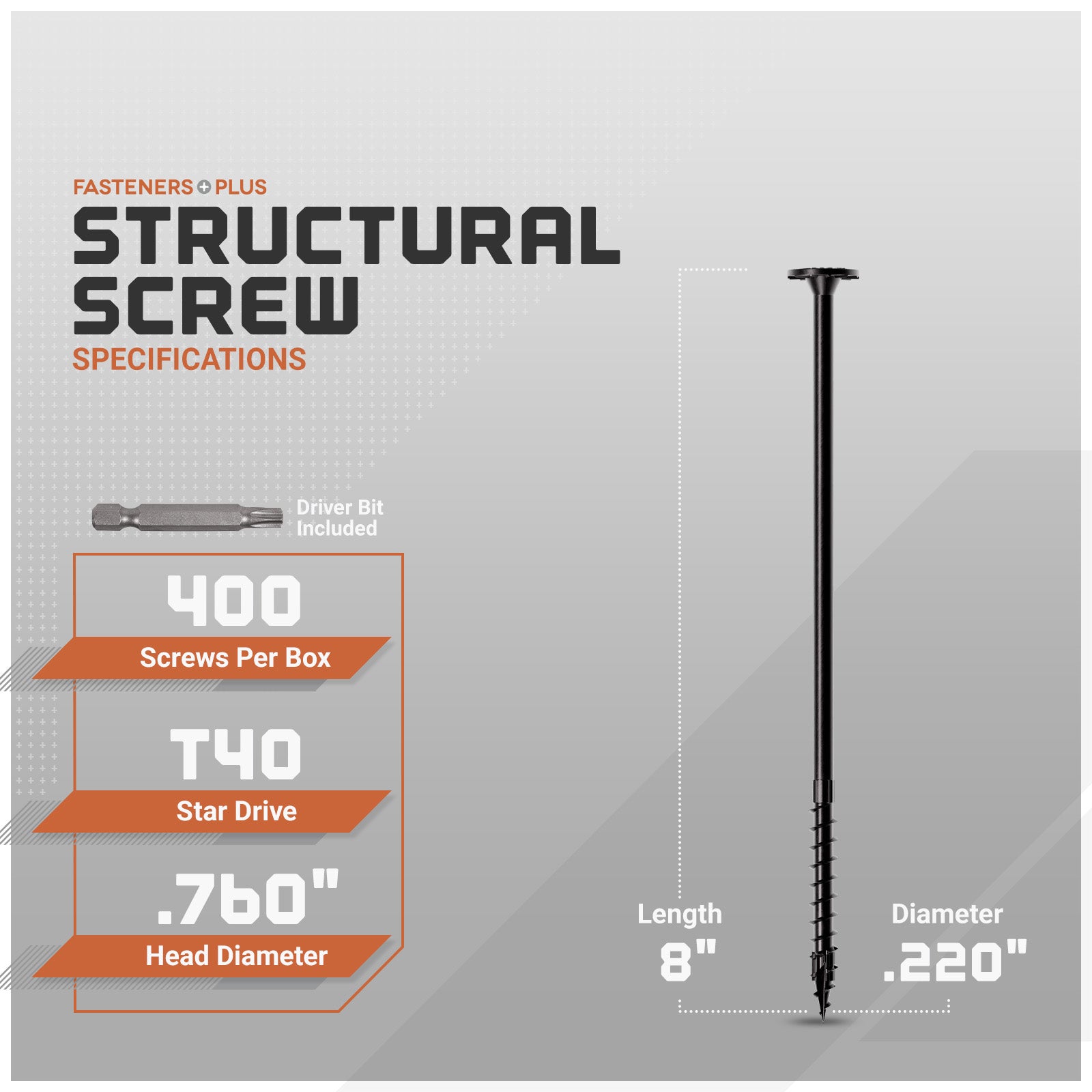 Structural screw with specifications on a gray background