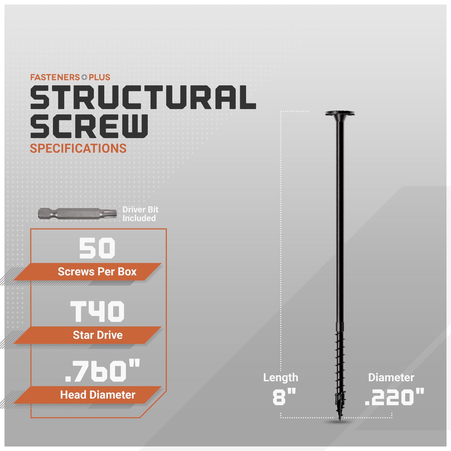 Structural screw with specifications on a gray background