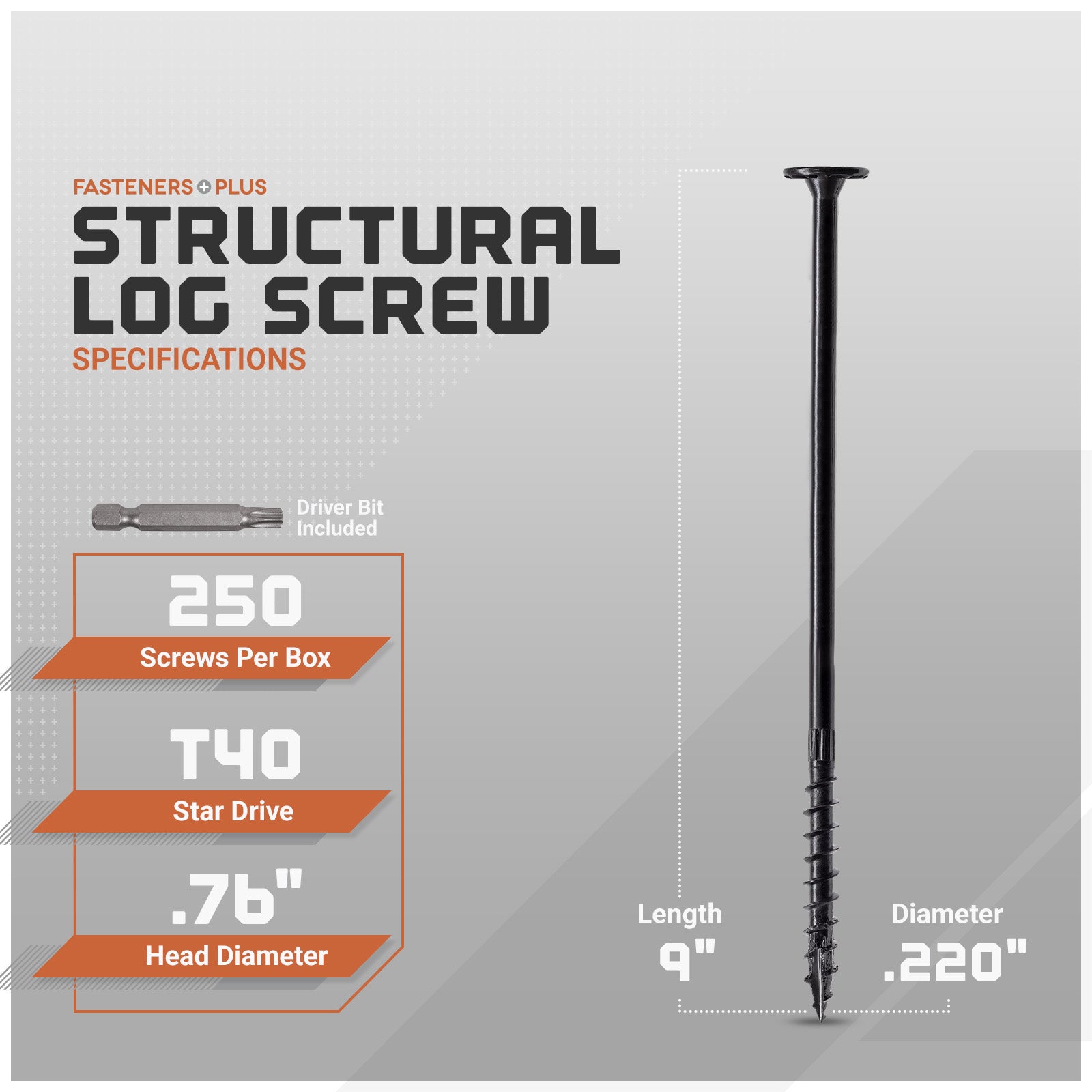 Structural log screw with specifications on a gray background