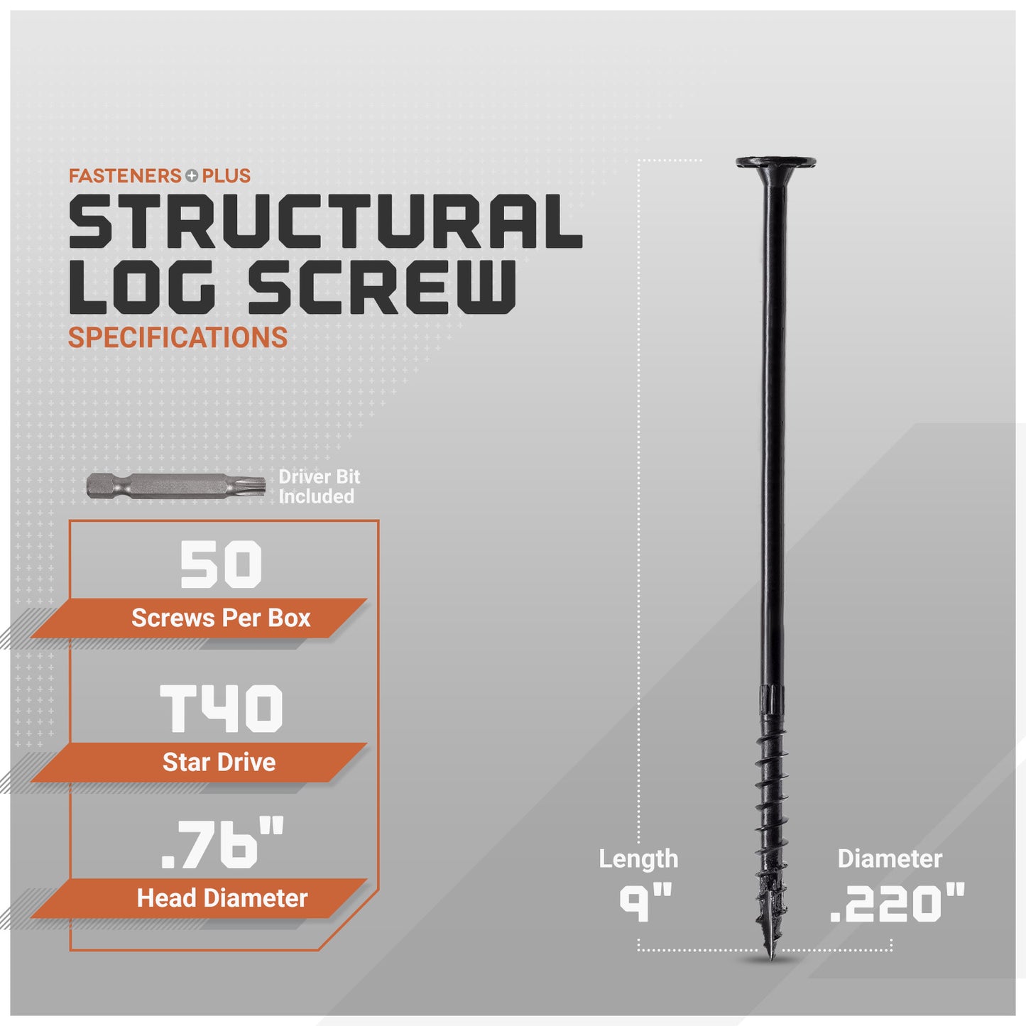 Structural log screw with specifications on a gray background